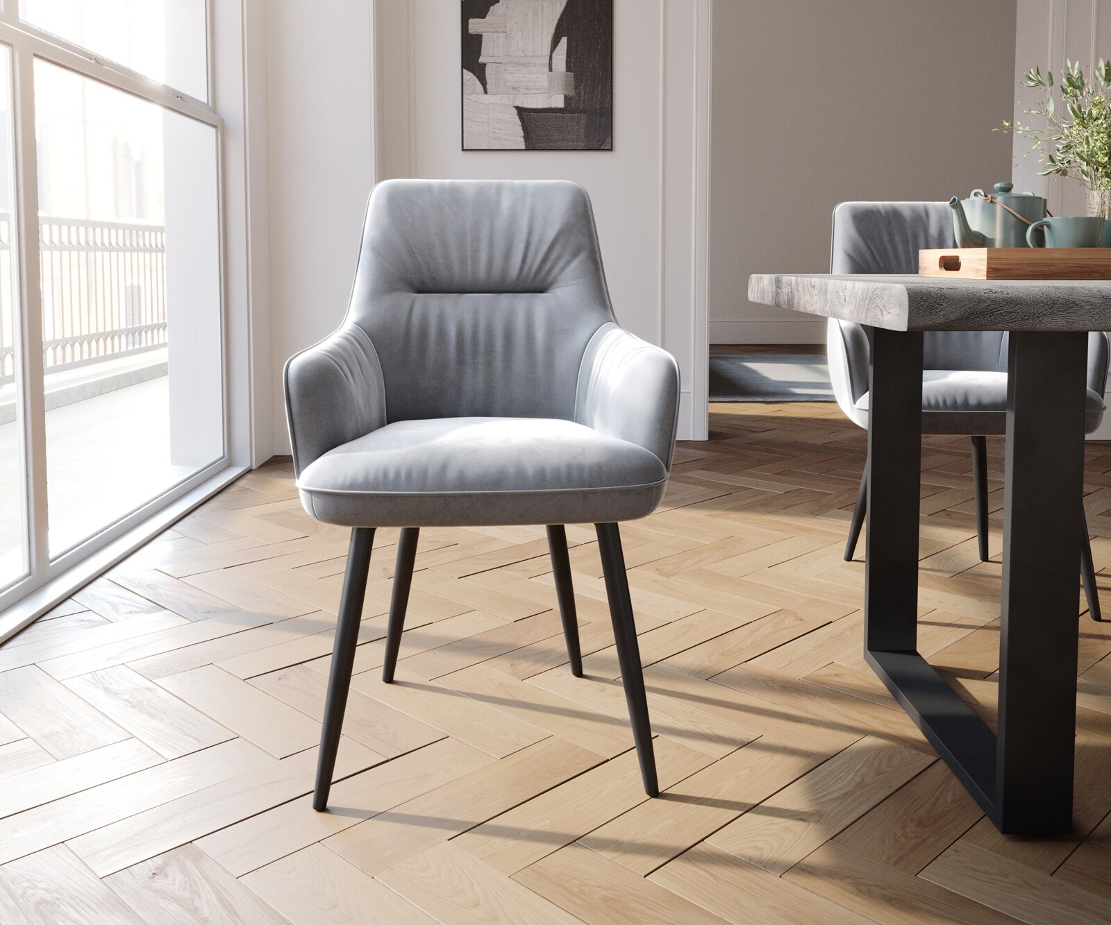 Chaise-de-salle-à-manger Zelia-Flex avec accoudoirs velours gris 4 pieds coniques noir ressorts ensachés 1