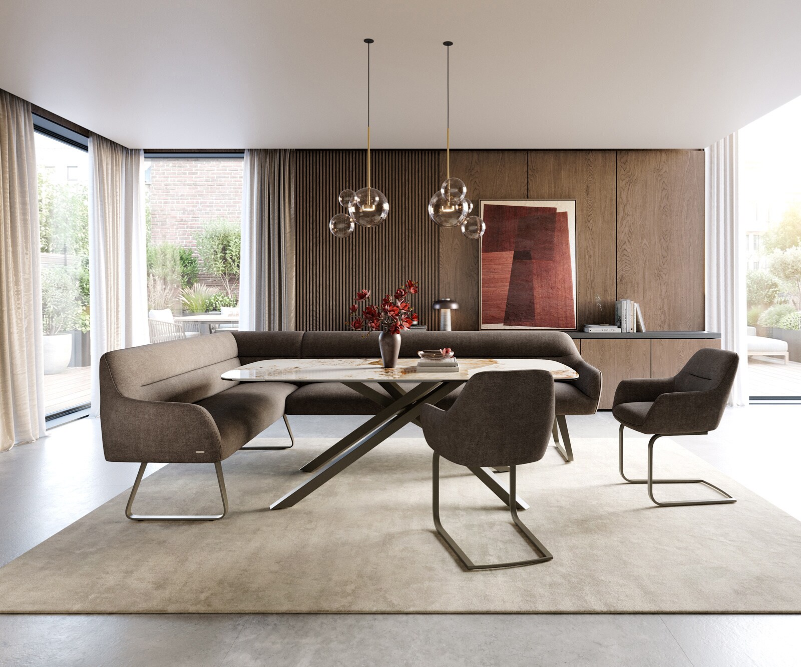 Esszimmerbank Taya-Flex 285x190 cm Strukturstoff Soft Taupe Kufengestell flach Effektfinish Titan Taschenfederkern Rechts 1