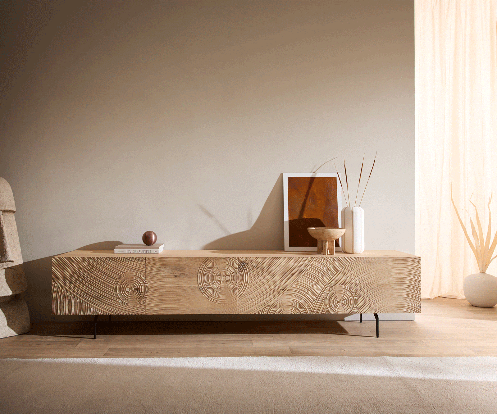 Lowboard Ashara 220 cm Eiche Natur 3D Effekt 4 Türen Winkelfuß Metall Schwarz 4 Lowboard Ashara 220 cm Eiche Natur 3D Effekt 4 Türen Winkelfuß Metall Schwarz 4