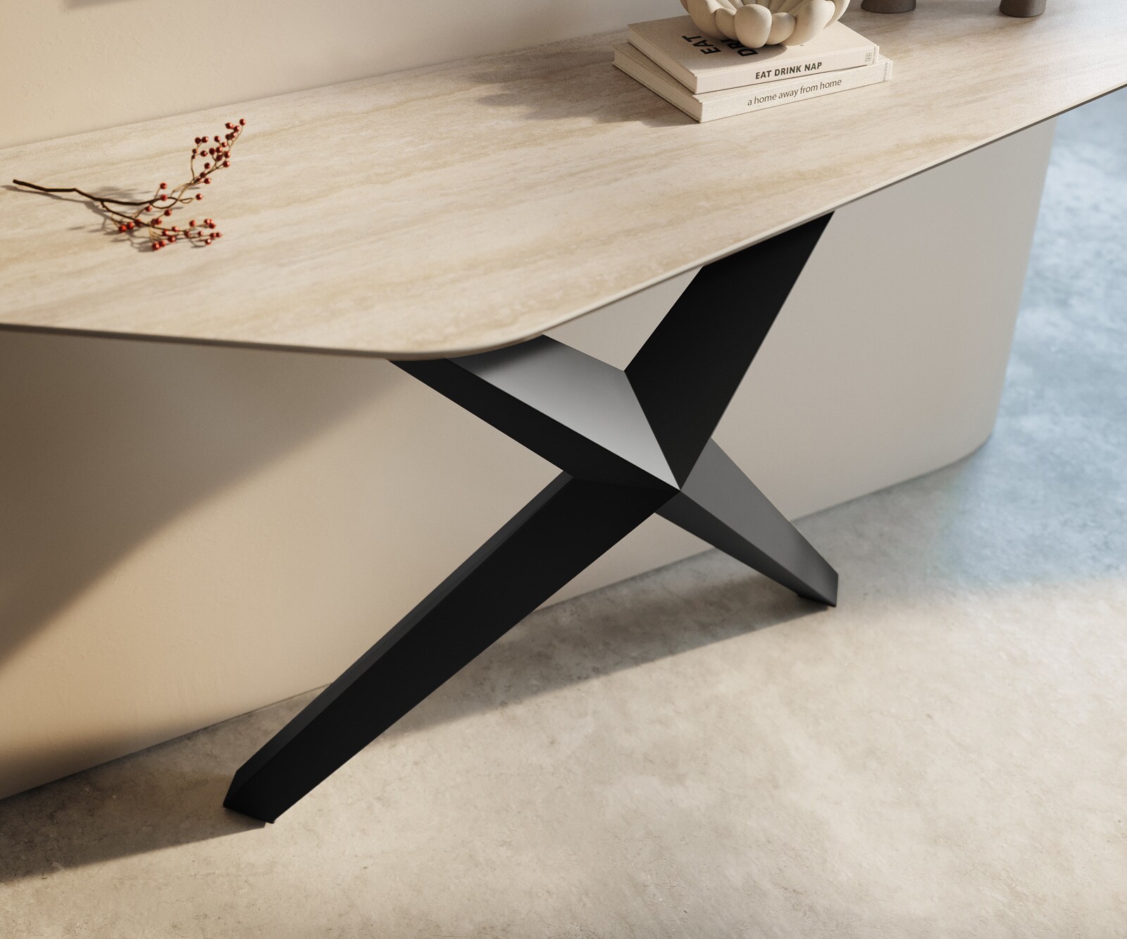 Konsolentisch Edge Polygonal 140x50 cm Keramik Laminam® Travertino Bianco Creme-Weiß Zentharo Metall Schwarz 6