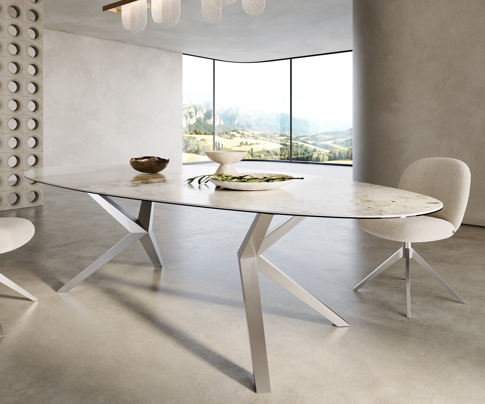 Table à manger Edge Ovale 280x130 Céramique Minas Melange Blanc-Beige Zenthara anguleux Acier inoxydable 5