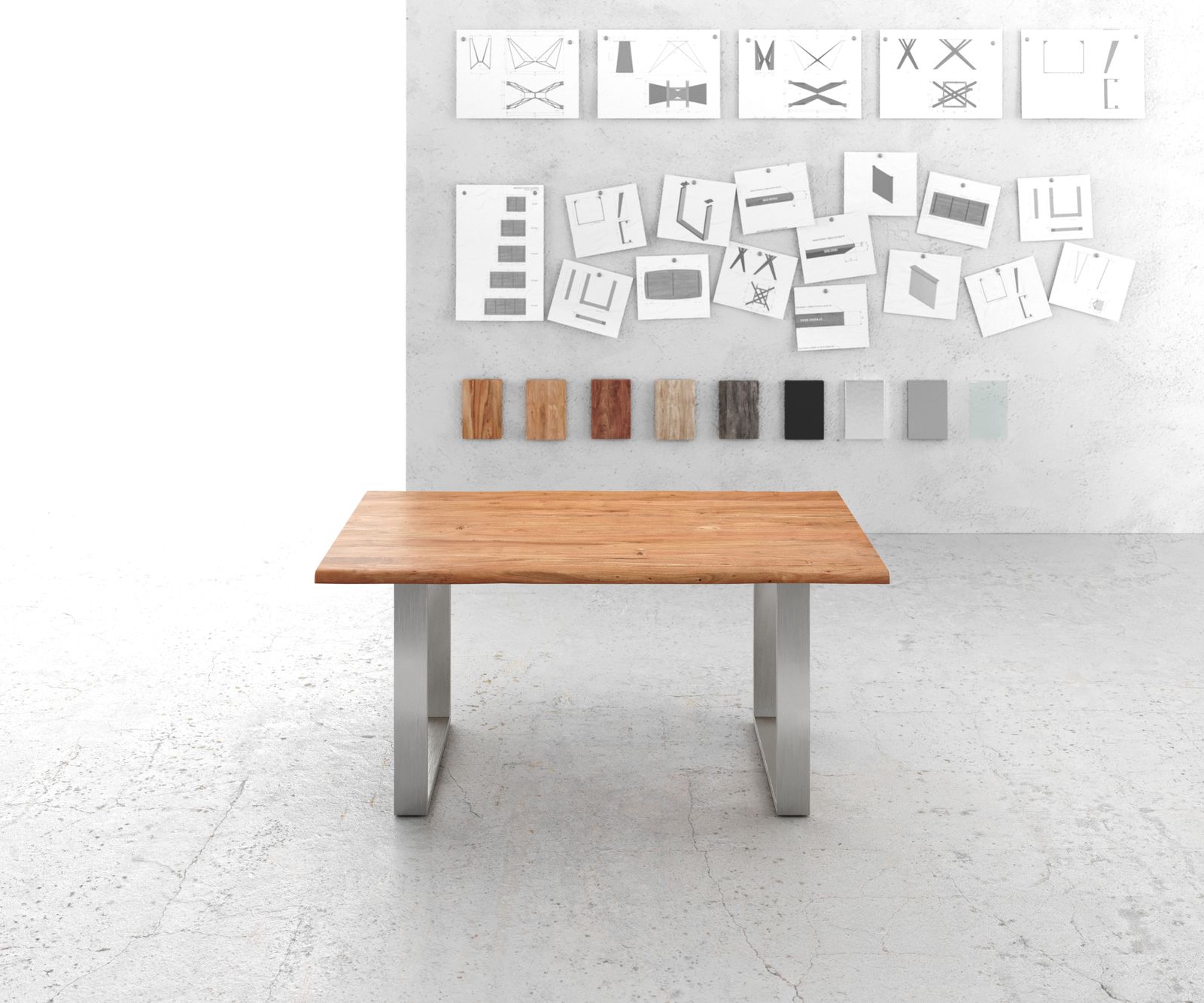 Table-à-manger Edge 160x90cm acacia nature acier inoxydable mince Live-Edge 2