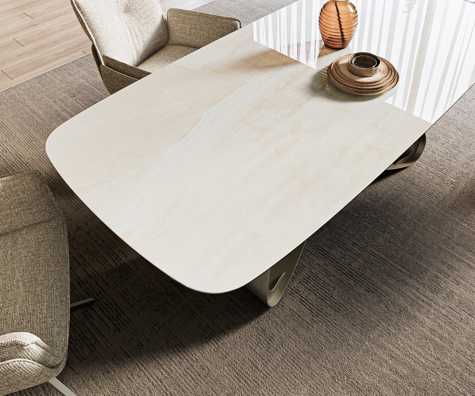 Esstisch Edge Boot 200x100 cm Keramik Onyx Champagne W-Gestell Metall Effektfinish Titan 4