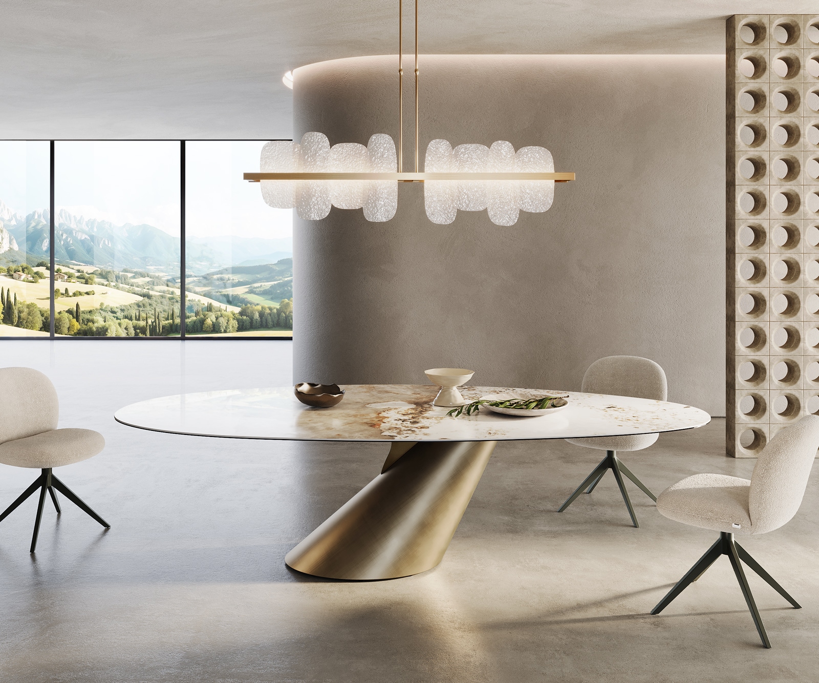 Esszimmertisch Edge Oval Keramik Minas Melange Weiß-Beige 280x130 Cono Metallic Gold