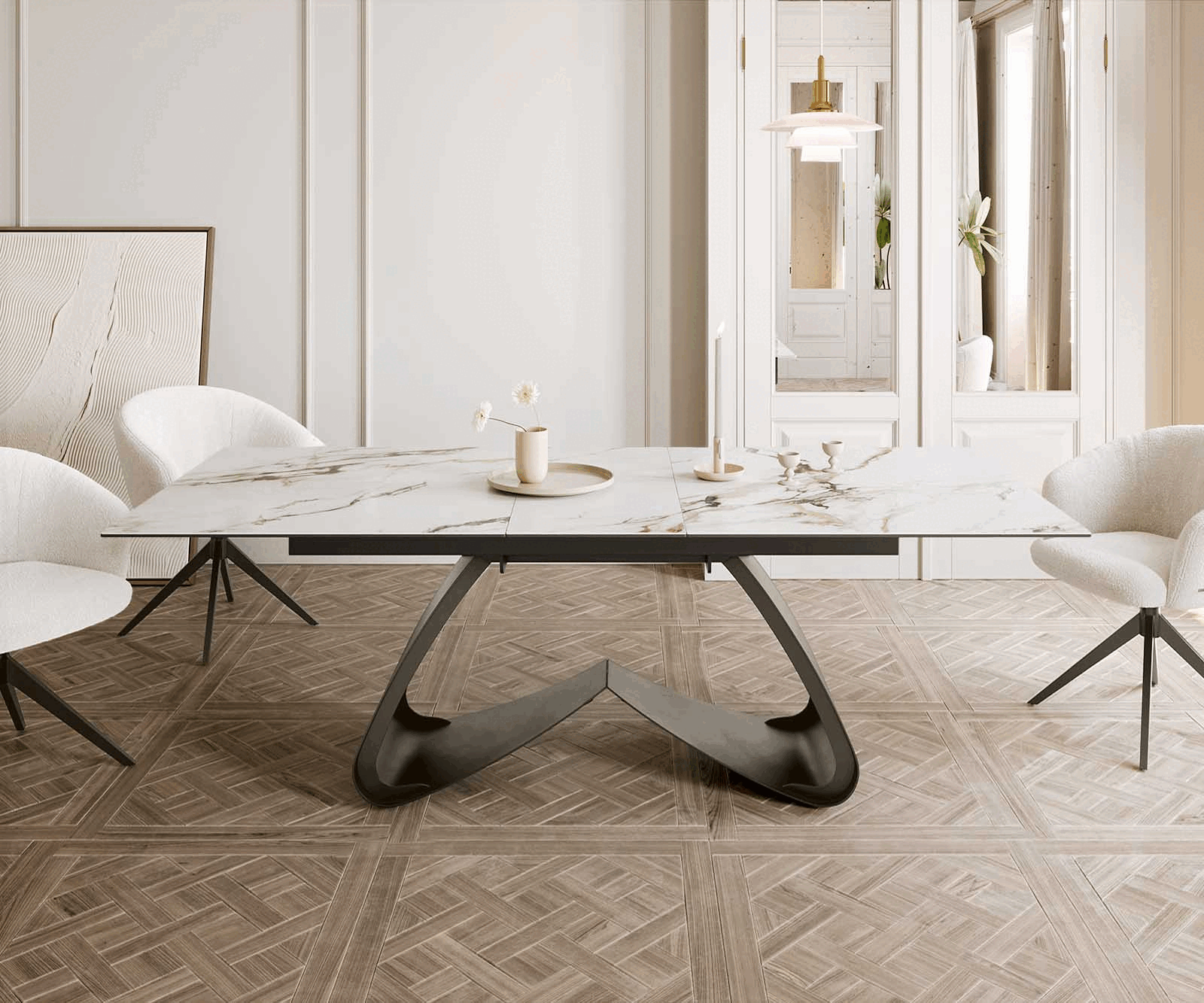Esstisch Edge 180-220x100 Keramik Calacatta Luxe Weiß-Gold-Grau W-Gestell Effektfinish Titan Ausziehbar 2