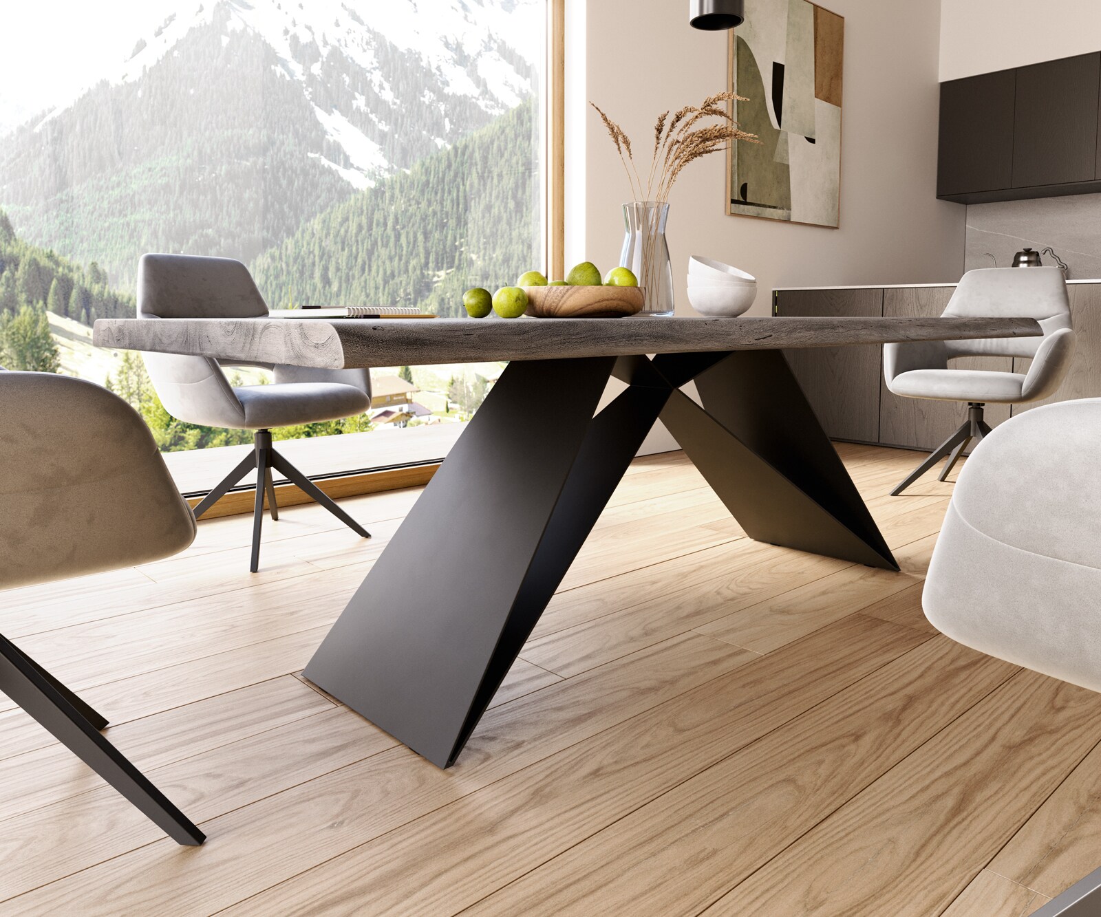Esstisch Edge 220x100 XL Akazie Platin V-Gestell Flachstahl Schwarz Live-Edge 5