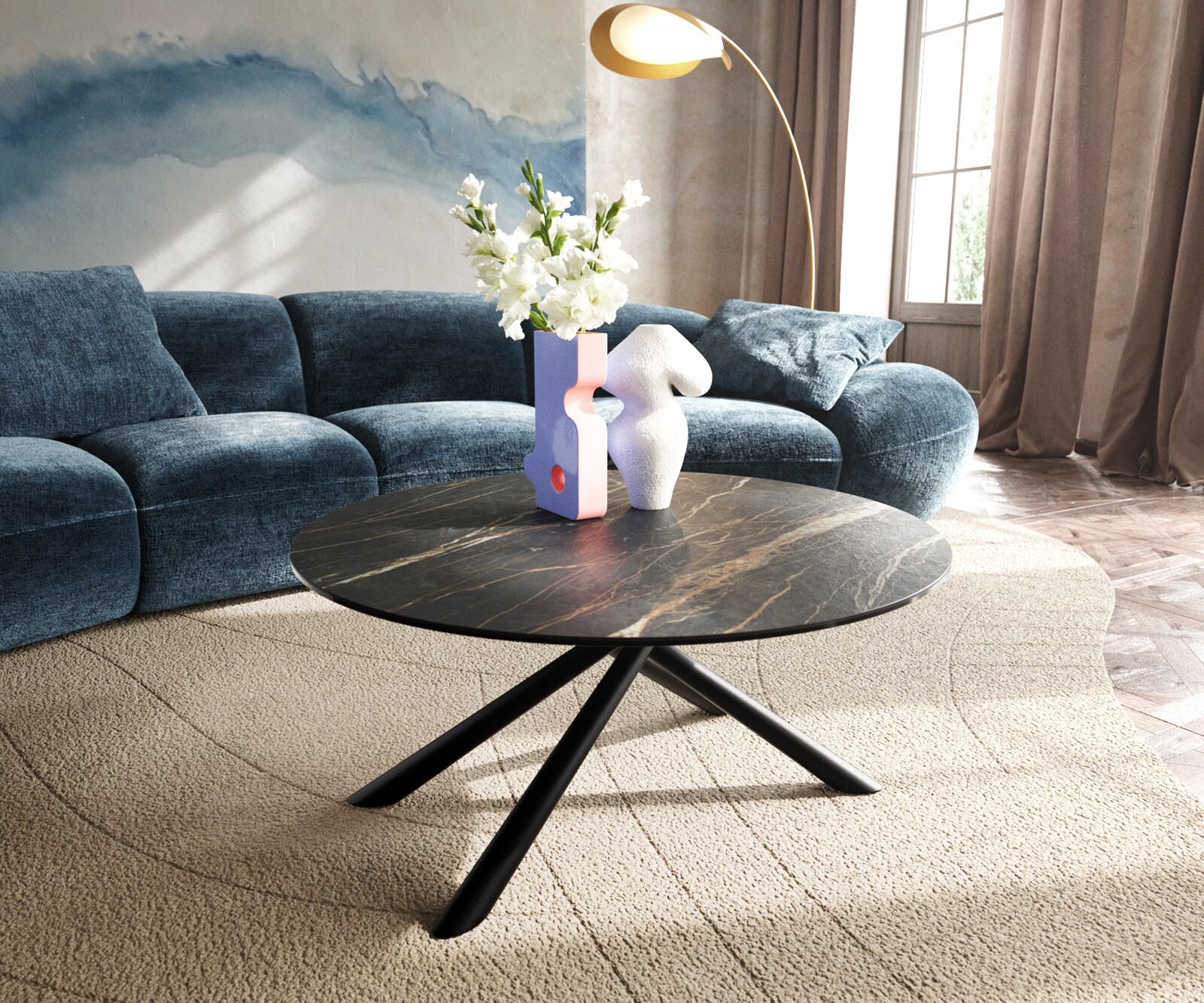 Couchtisch Edge Rund 90x90 cm Keramik Laminam® Noir Desir Braun Sarity Metall Schwarz 1