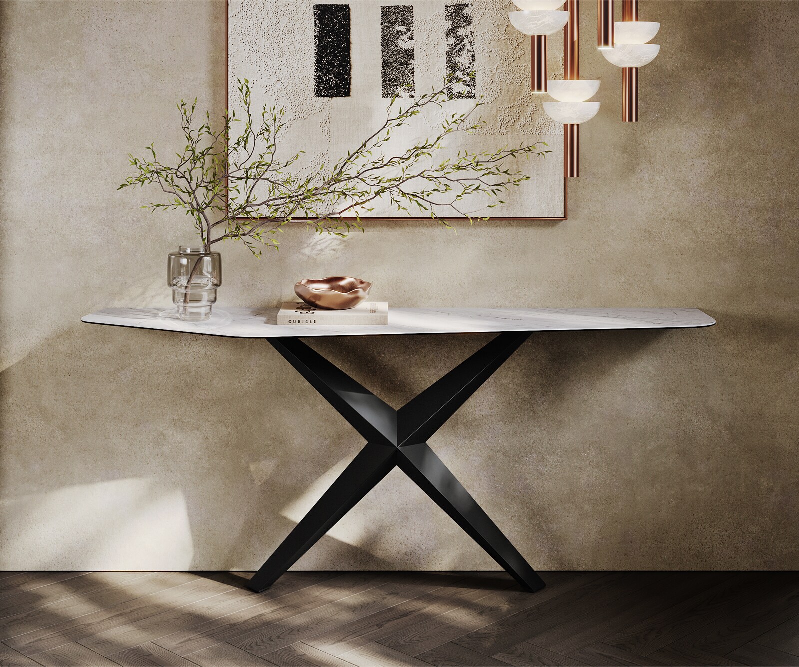 Konsolentisch Edge Polygonal 180x50 cm Keramik Laminam® Statuarietto Weiß Zentharo Metall Schwarz 1