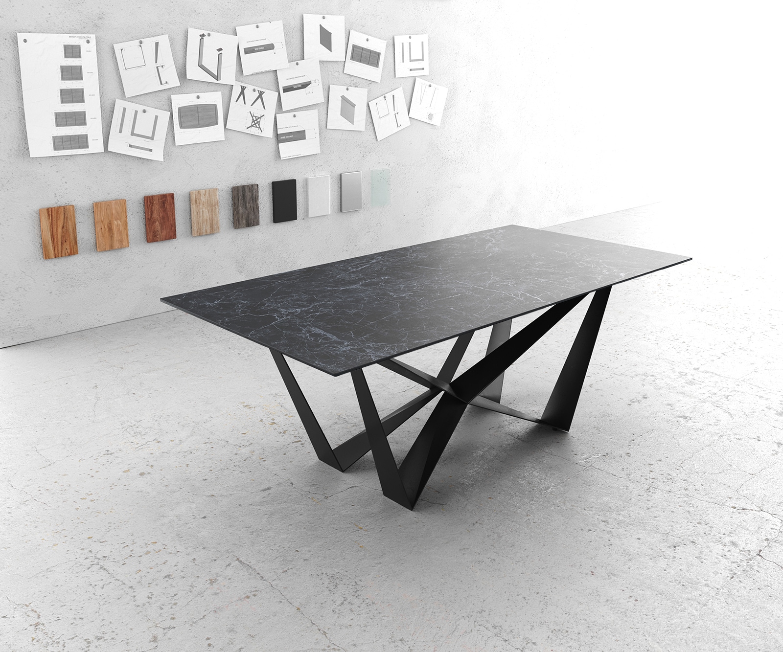 Table-à-manger Edge 200x100cm Laminam® céramique gris pieds milieu acier plat noir Table-à-manger Edge 200x100cm Laminam® céramique gris pieds milieu acier plat noir
