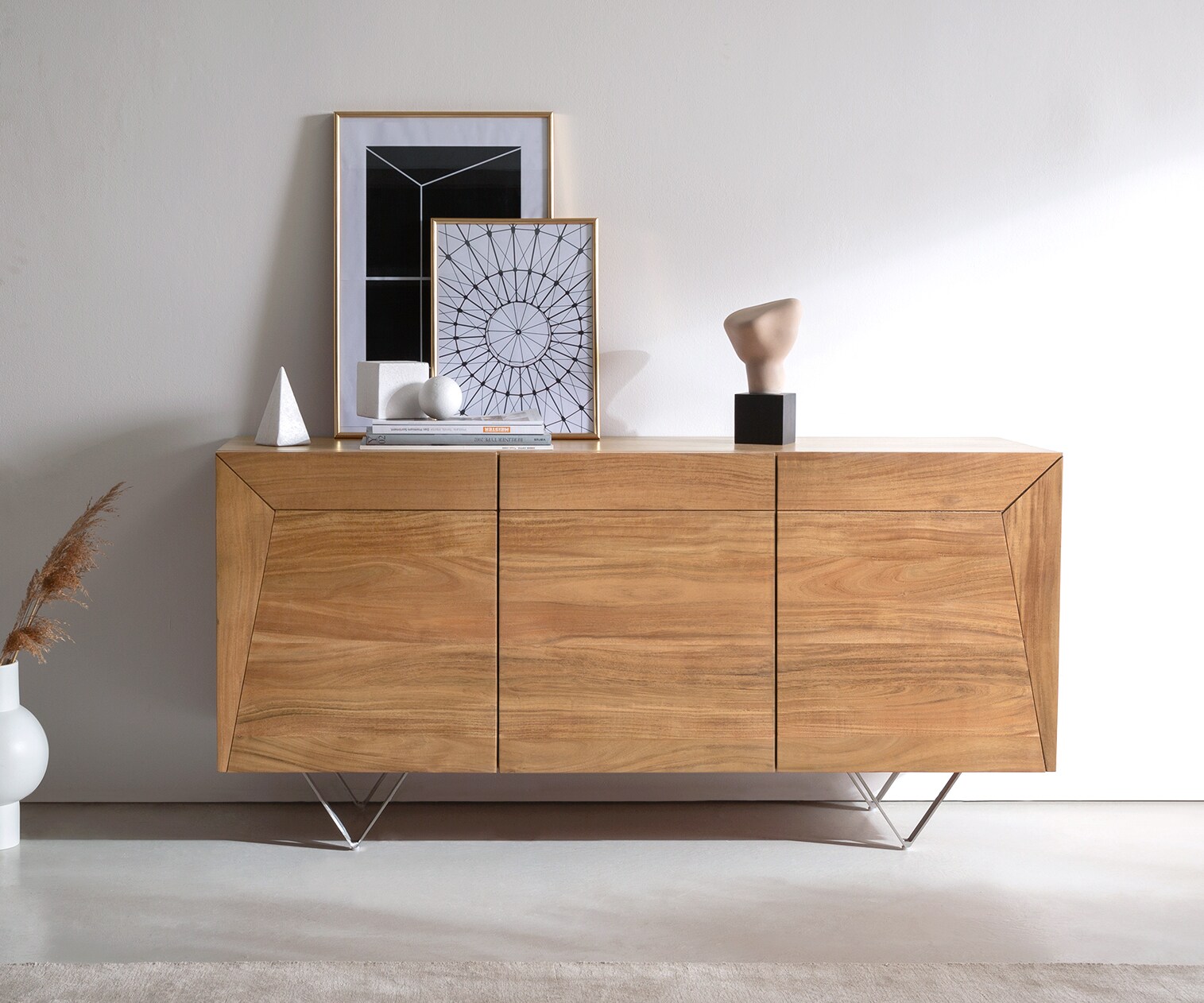 Sideboard Kayu 145x40x70 cm Akazie Natur 3 Türen V-Fuß 1