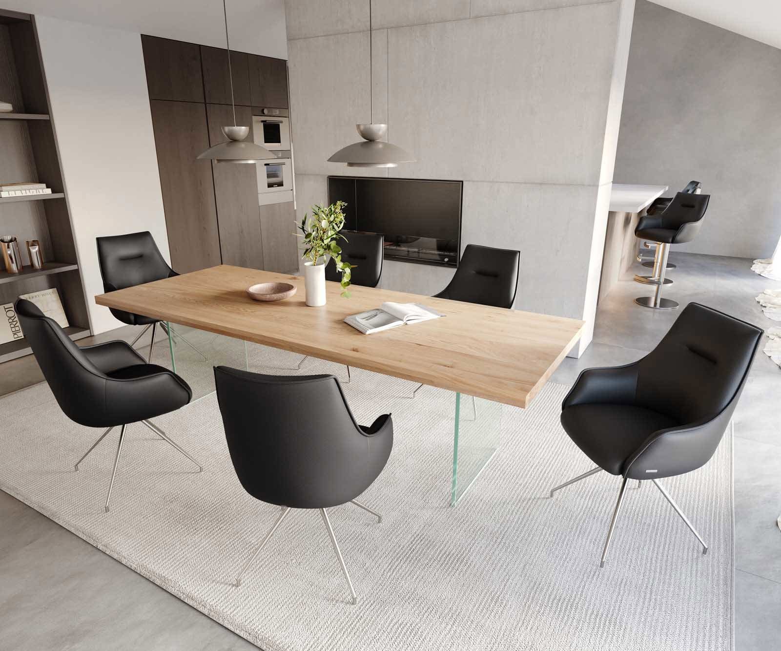 Drehstuhl Alja-Flex mit Armlehnen Echt-Leder Schwarz Kreuzgestell konisch Edelstahl 180° drehbar Taschenfederkern 4 Drehstuhl Alja-Flex mit Armlehnen Echt-Leder Schwarz Kreuzgestell konisch Edelstahl 180° drehbar Taschenfederkern 4