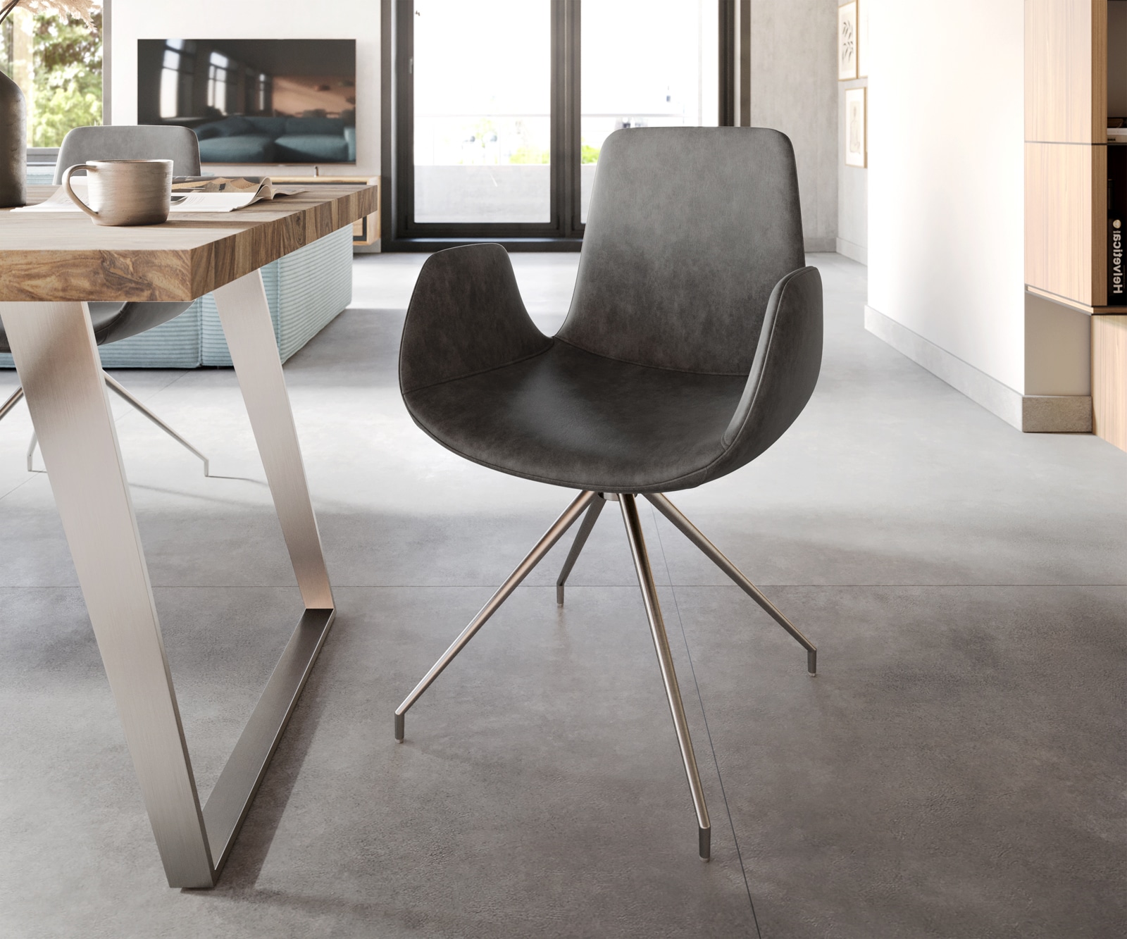 Esszimmerstuhl Ilia-Flex mit Armlehnen Mikrofaser Anthrazit Vintage Kreuzgestell konisch Edelstahl Esszimmerstuhl Ilia-Flex mit Armlehnen Mikrofaser Anthrazit Vintage Kreuzgestell konisch Edelstahl