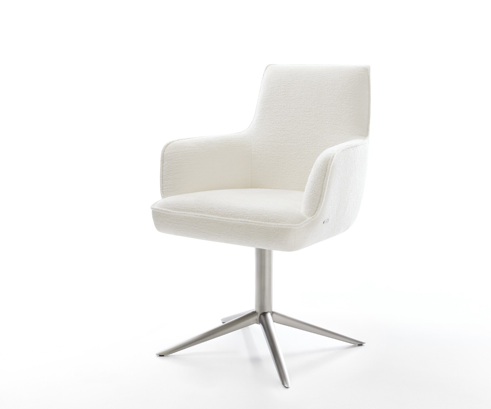 Chaise-pivotante Heira-Flex avec accoudoirs bouclé doux beige pied de chaise 4 branches acier inoxydable pivotement sur 360° fonction bascule resorts ensachés