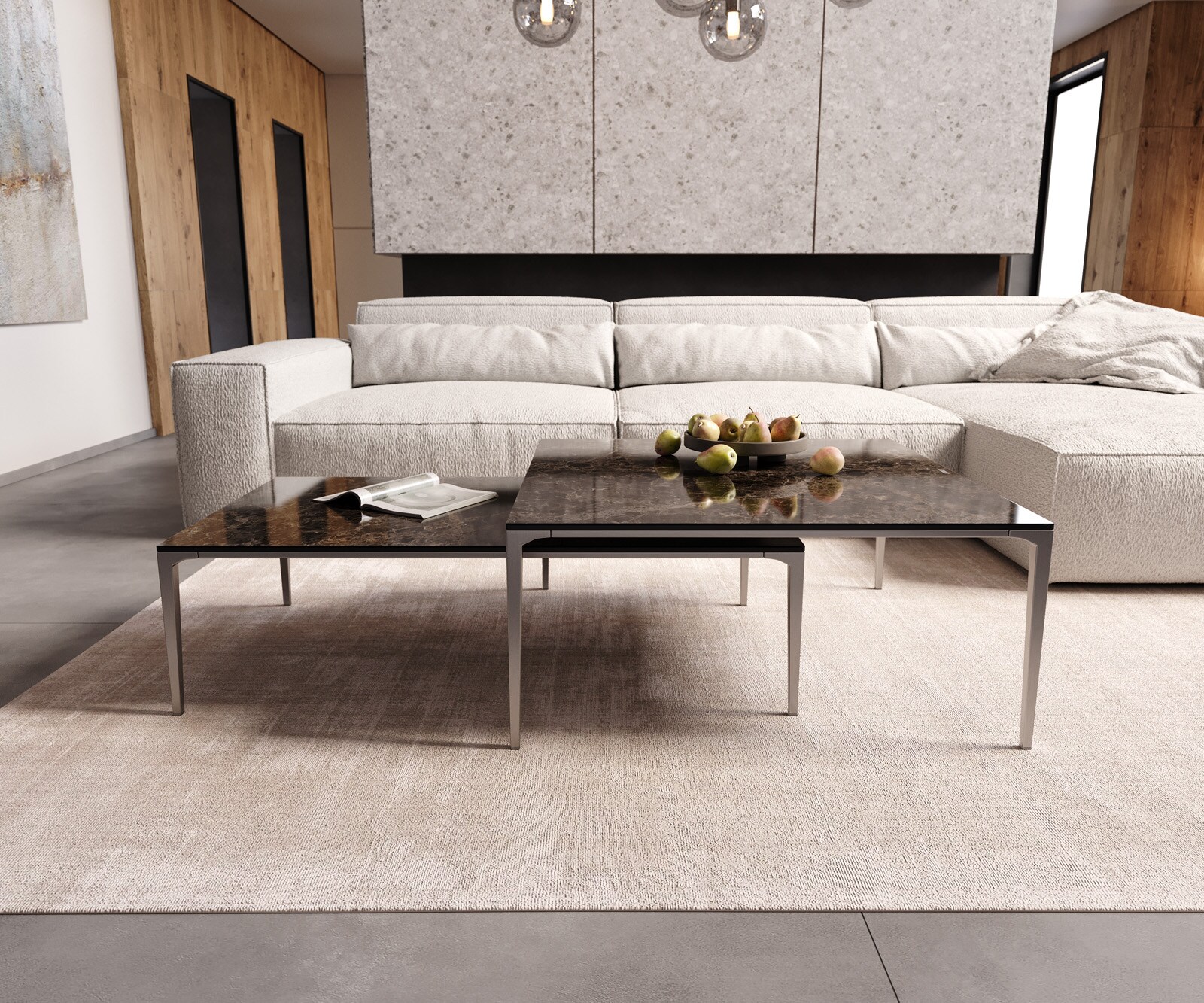 Couchtisch Levente 110x60 cm Keramik Emperador Extra Lucidato Dunkelbraun Gestell Edelstahl Silber 6