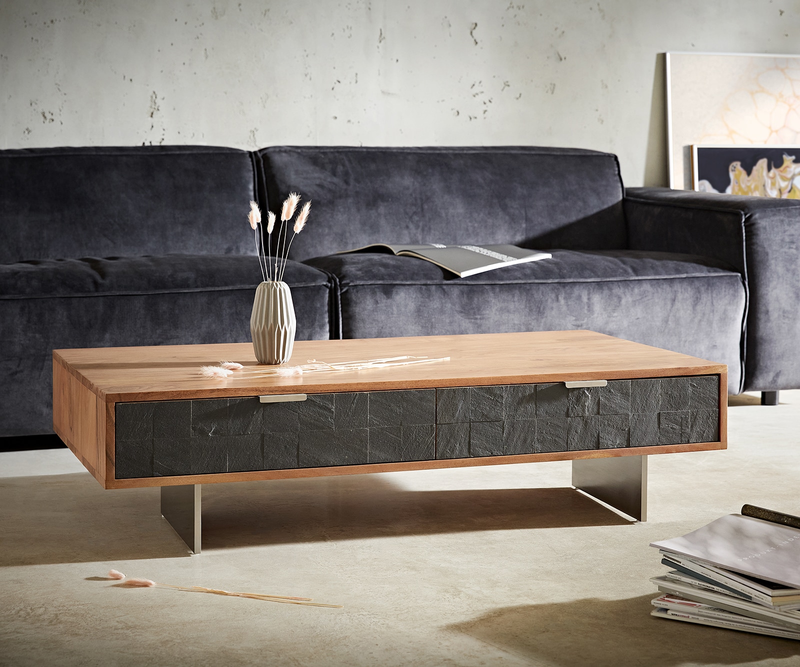 Couchtisch Teele 115x60 cm Akazie Natur Schiefer 4 Schubfächer Fuß schwebend Edelstahl