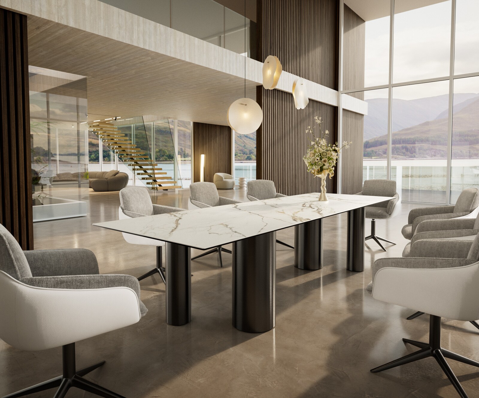 Esstisch Edge 300x100 Keramik Calacatta Luxe Weiß-Gold-Grau Pilier Edelstahl Graphit 6