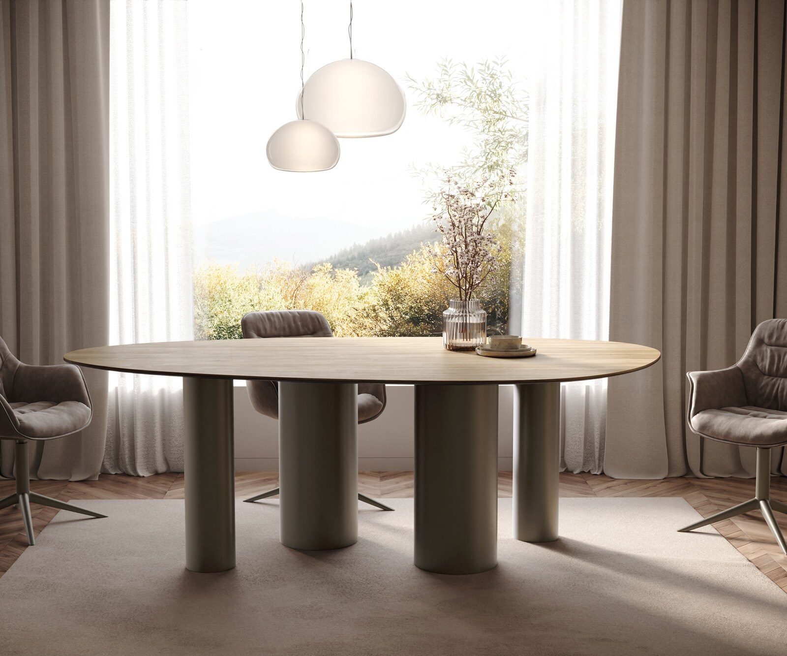 Esstisch Edge Oval 220x120 Keramik Laminam® Sabbia Eichefarbig Pilier Metall Effektfinish Titan 1