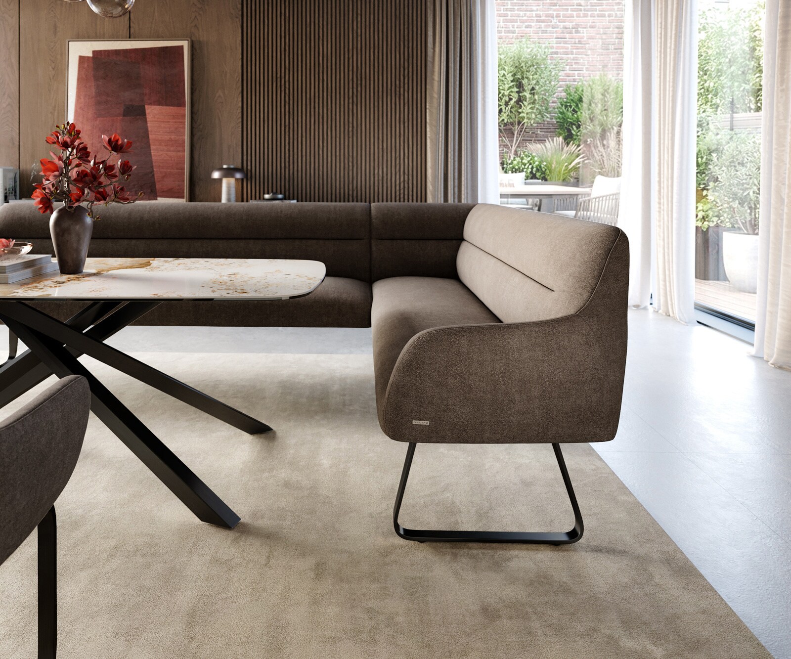 Esszimmerbank Taya-Flex 285x190 cm Strukturstoff Soft Taupe Kufengestell flach Schwarz Taschenfederkern Links 4