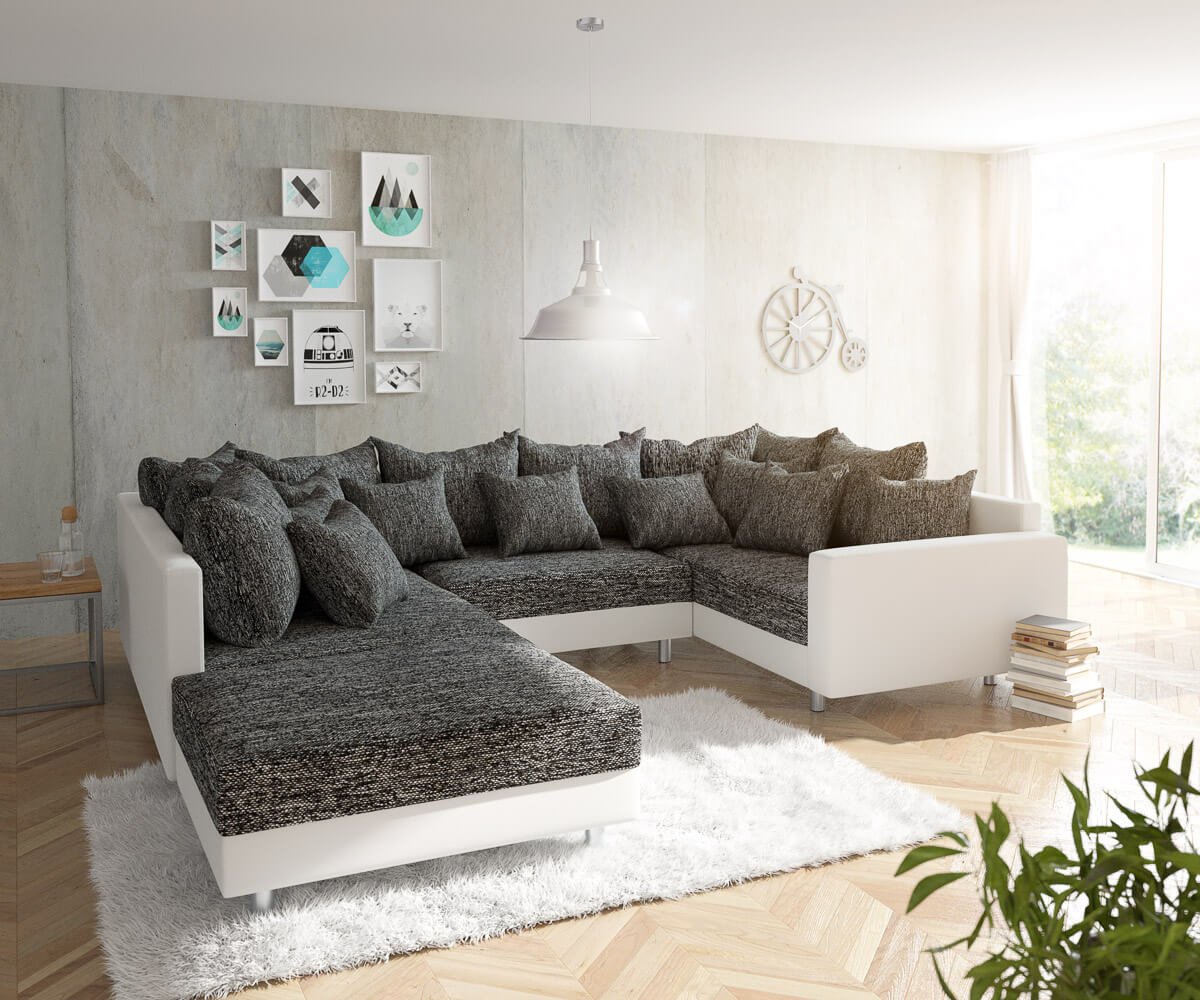 Wohnlandschaft Clovis Weiss Schwarz mit Hocker und Armlehne 