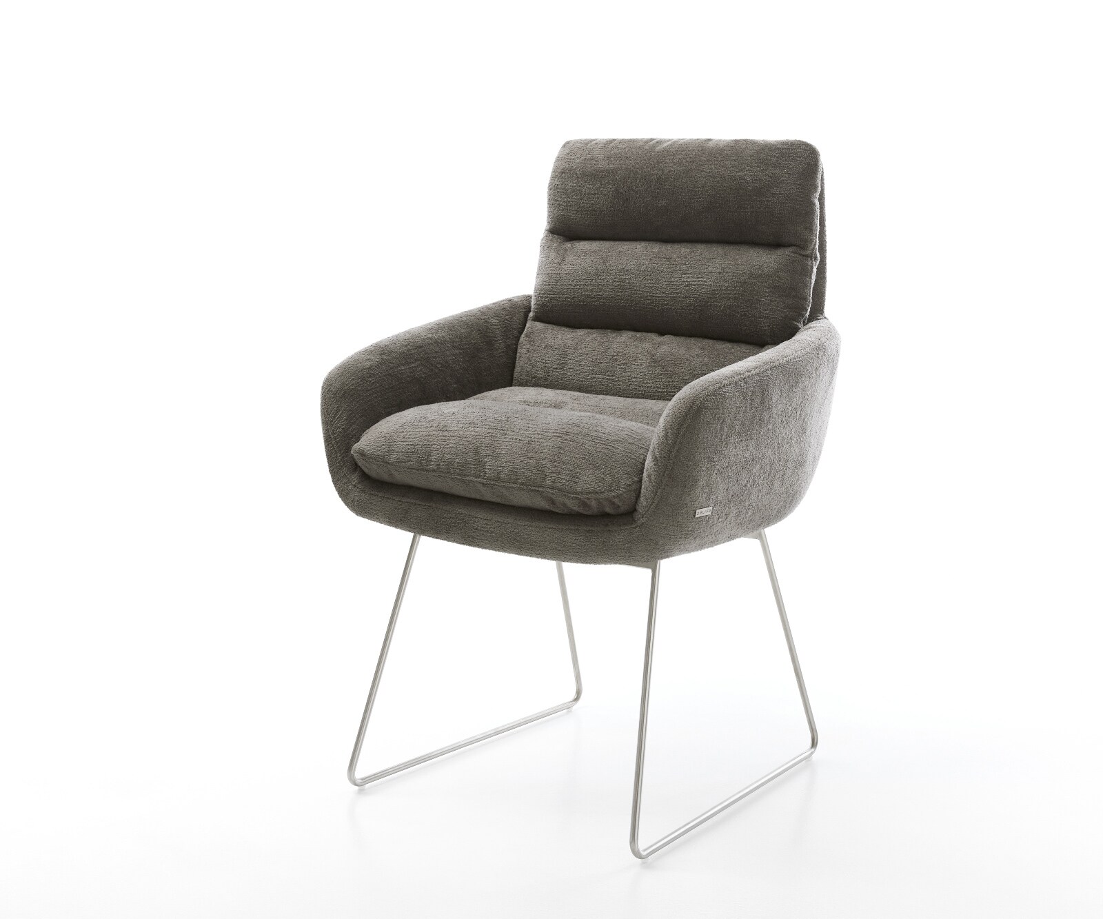 Chaise-de-salle-à-manger Abelia-Flex avec accoudoirs bouclé doux couleur boue pied trapèze acier inoxydable 1