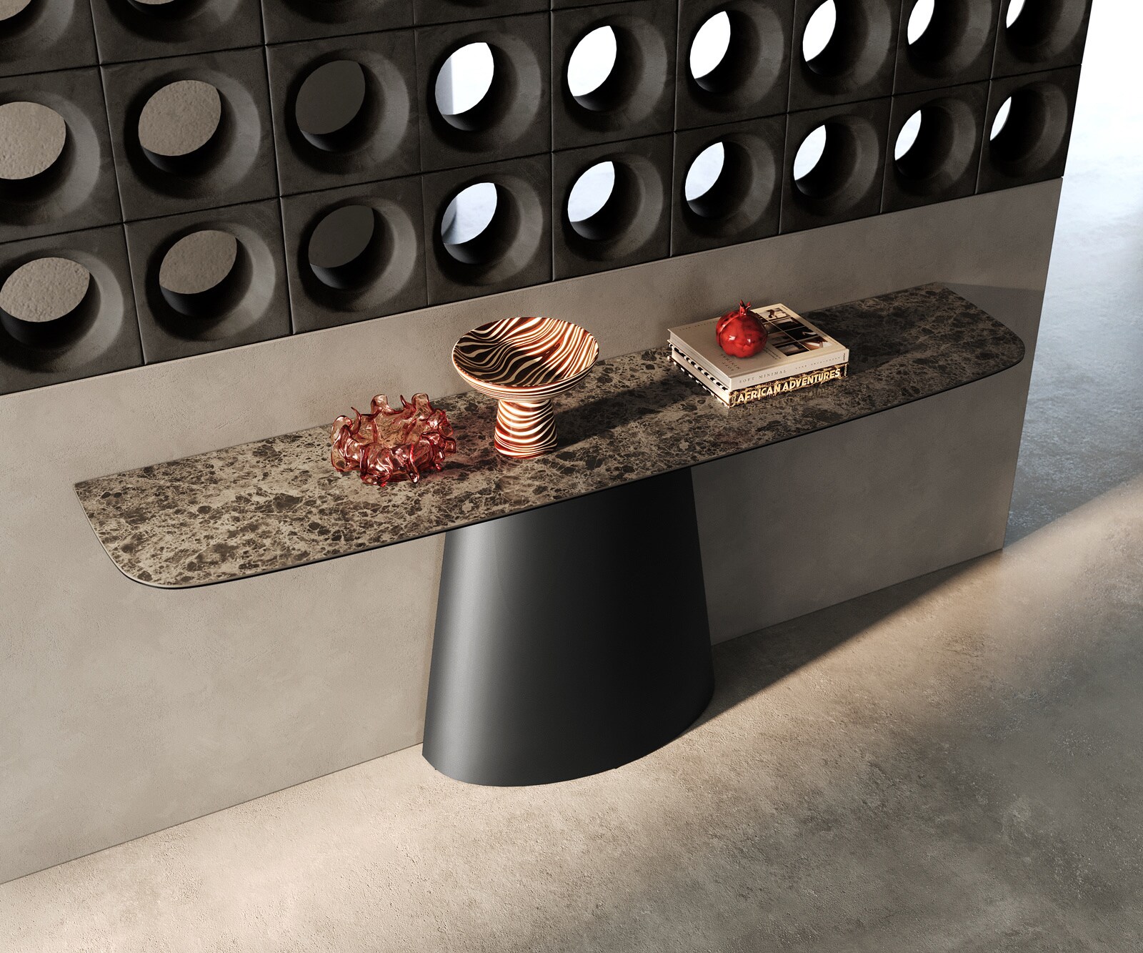 Console Edge forme bateau 180x40 cm Céramique Emperador Extra Lucidato Dunkelbraun Conos Métal Noir 1