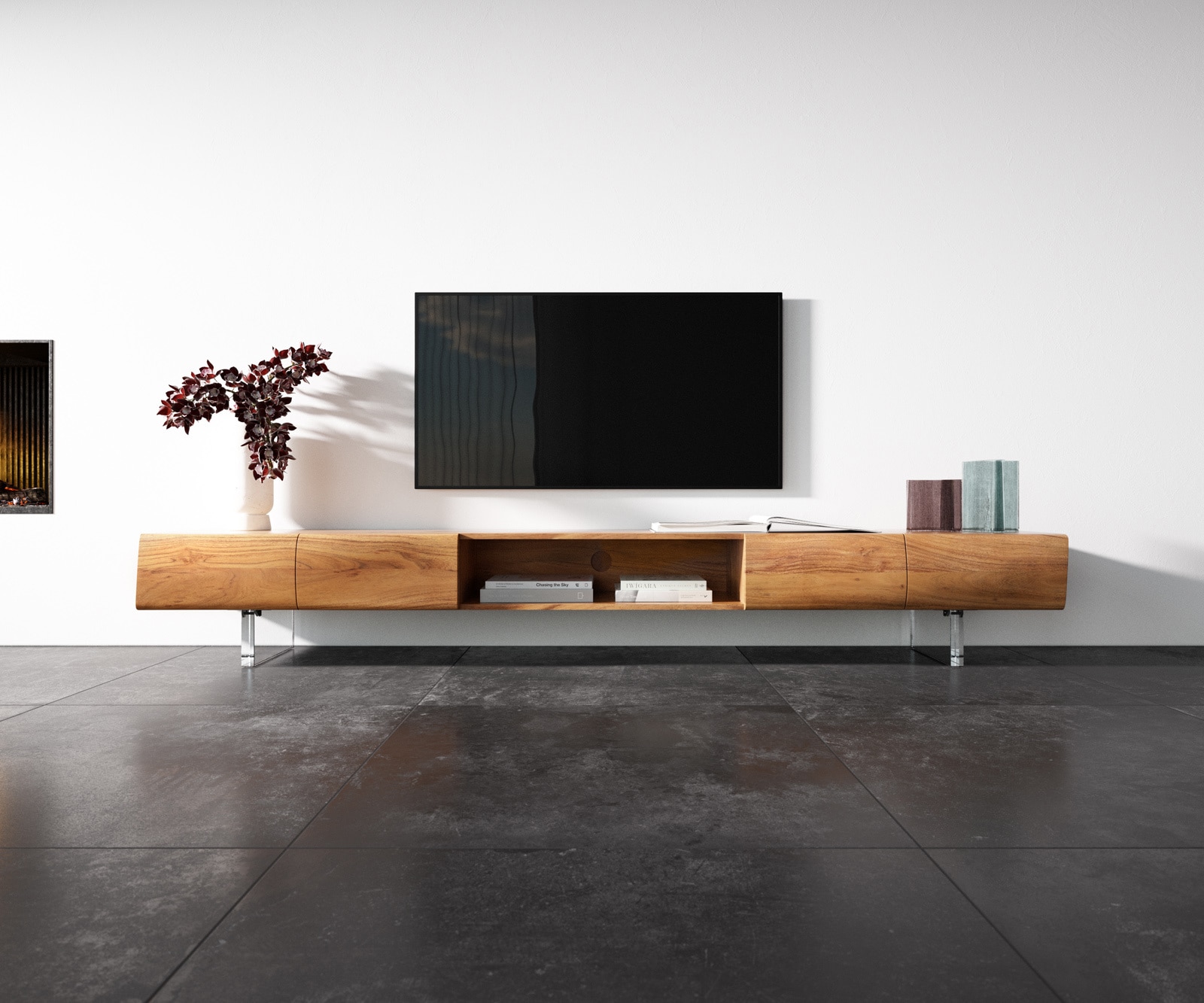 Meuble-TV New Live-Edge 240 cm acacia naturel 4 portes 1 compartiment pied acrylique 3 Meuble-TV New Live-Edge 240 cm acacia naturel 4 portes 1 compartiment pied acrylique 3
