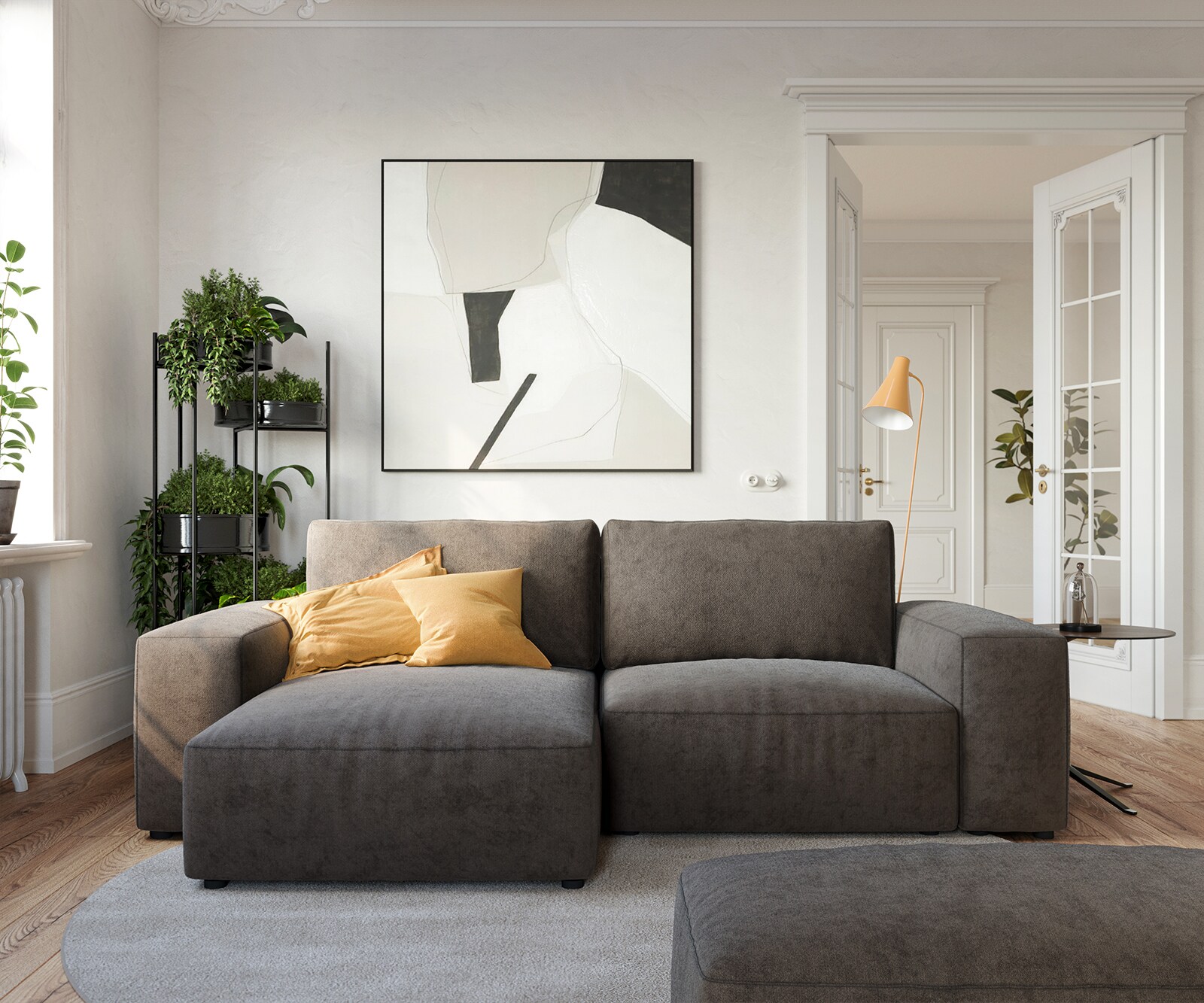 Canapé d’angle Lanzo 230x155 cm microfibre brun kaki méridienne réversible avec pouf 1