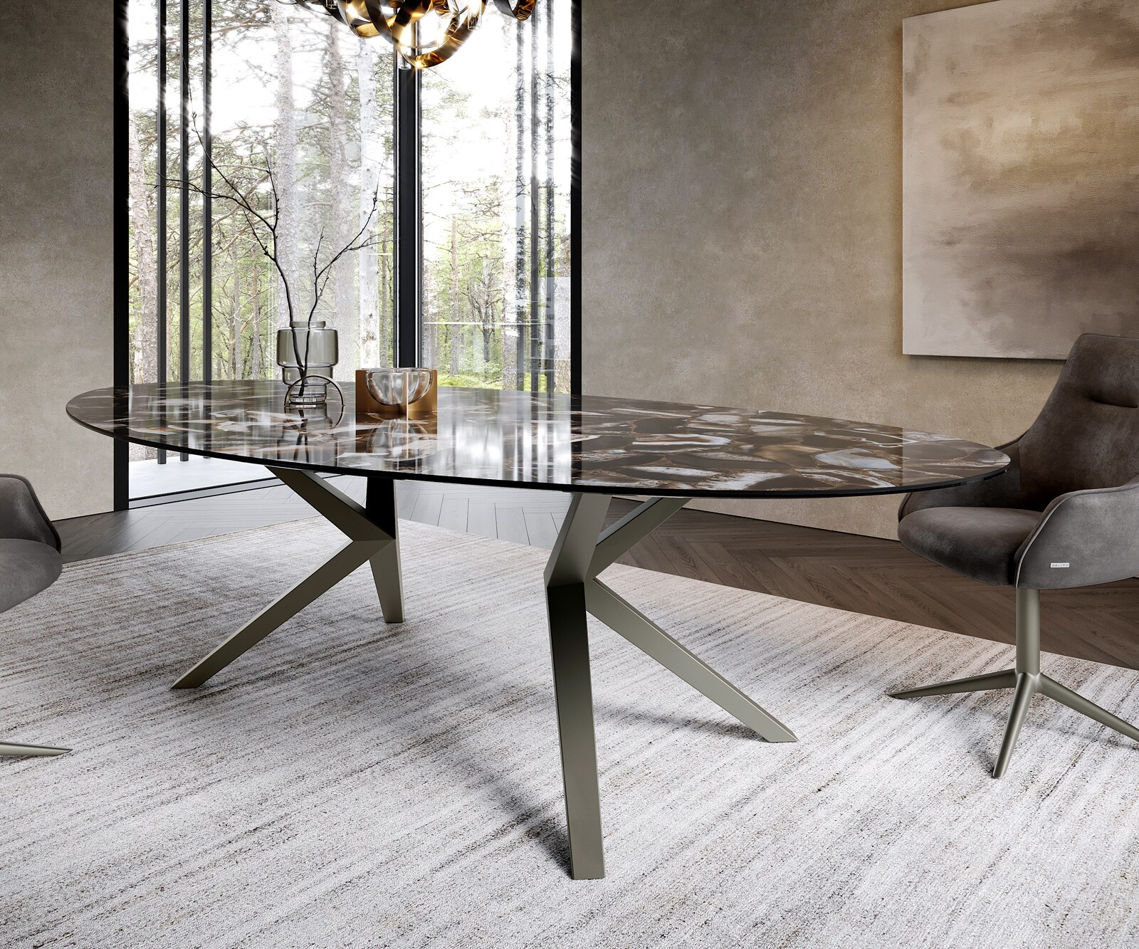 Esstisch Edge Oval 280x130 Keramik Iris FMG Agatablack Zenthara kantig Metall Effektfinish Titan 5