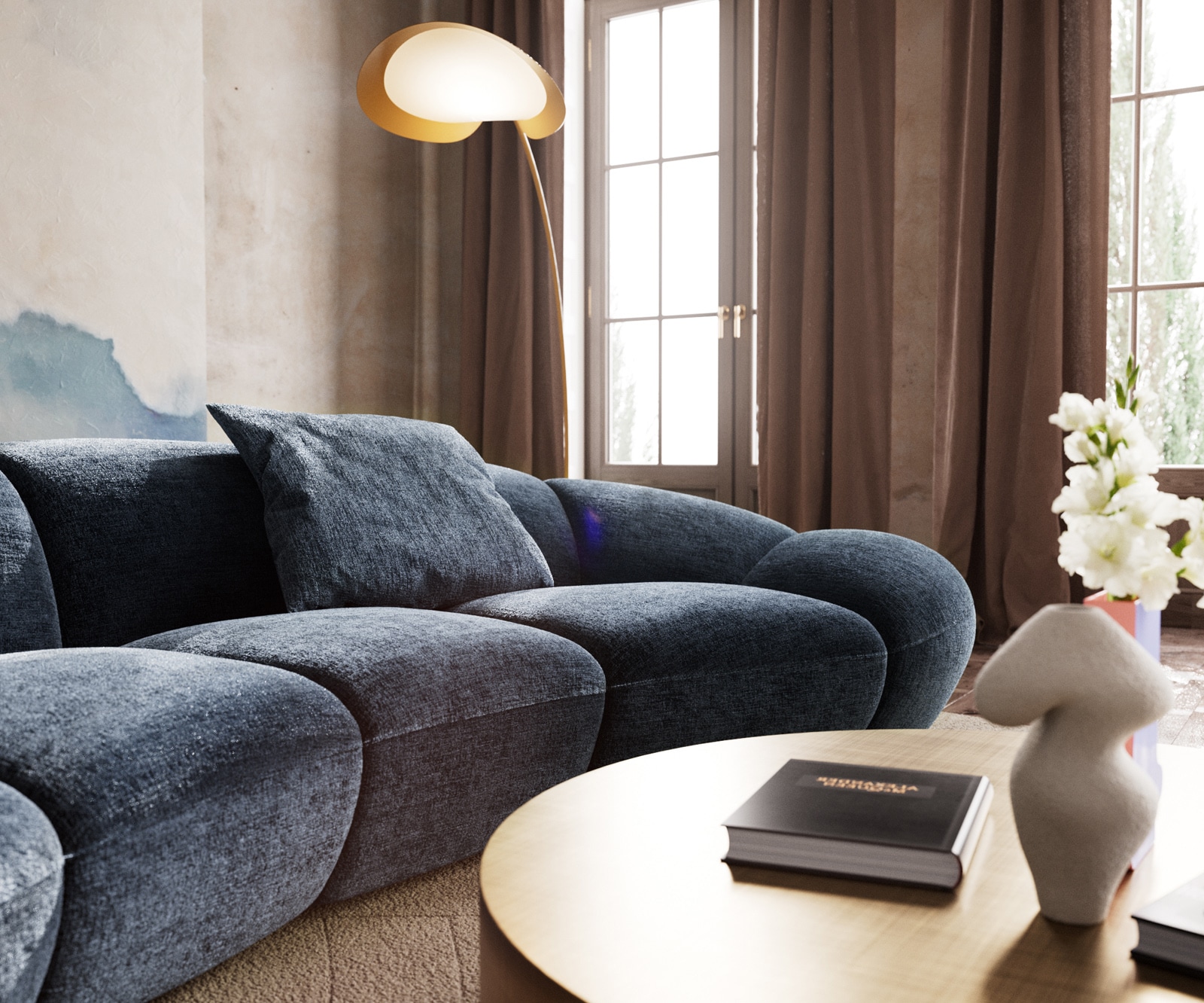 Grand canapé Lunna 360x175 cm chenille bleu 2 coussins 4 Grand canapé Lunna 360x175 cm chenille bleu 2 coussins 4