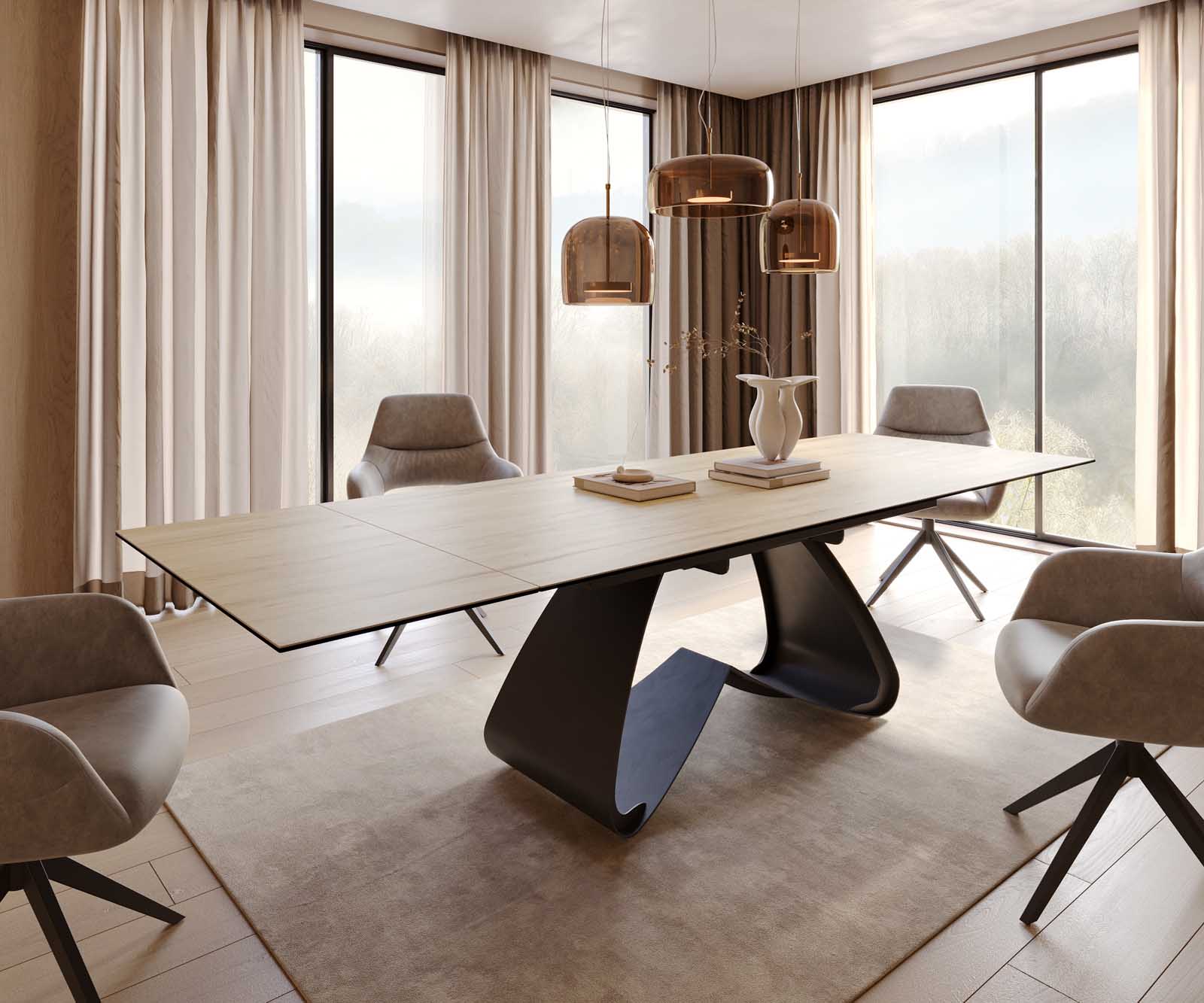 Table à manger Edge 200-300x100 céramique Laminam® Sabbia couleur chêne cadre en W noir extensible 1