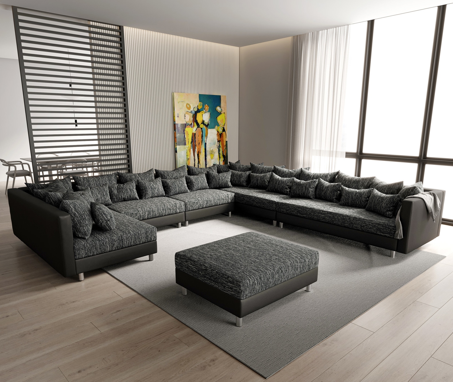 Couch Clovis XXL Schwarz mit Hocker Ottomane Rechts Wohnlandschaft Modulsofa