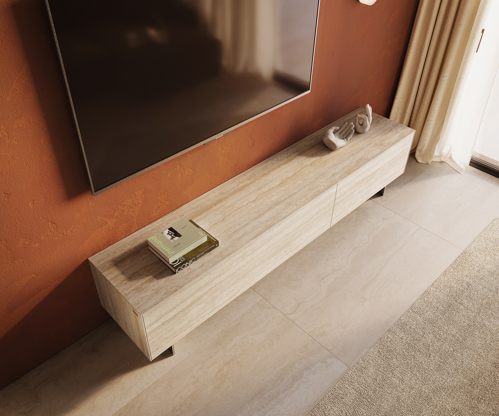 Lowboard Cuor 220 cm Keramik Laminam® Travertino Bianco Creme-Weiß 1 Klappe 2 Schubfächer Fuß Schwebeoptik Edelstahl 3