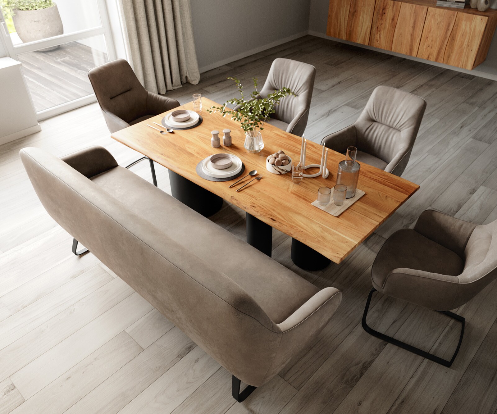 Banc-de-salle-à-manger Taya-Flex 200 cm microfibre taupe vintage châssis à patins plat noir ressort ensaché 3