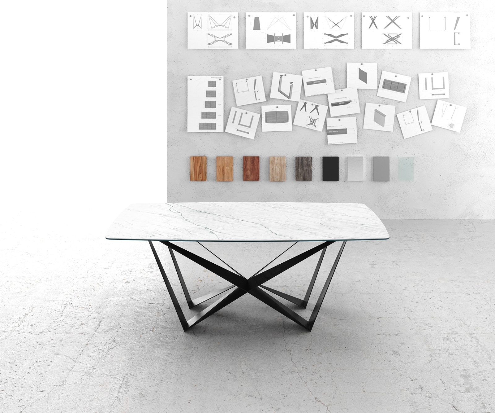 Table-à-manger Edge forme Boot 200x100cm Laminam® céramique blanc pieds milieu acier plat noir 1 Table-à-manger Edge forme Boot 200x100cm Laminam® céramique blanc pieds milieu acier plat noir 1
