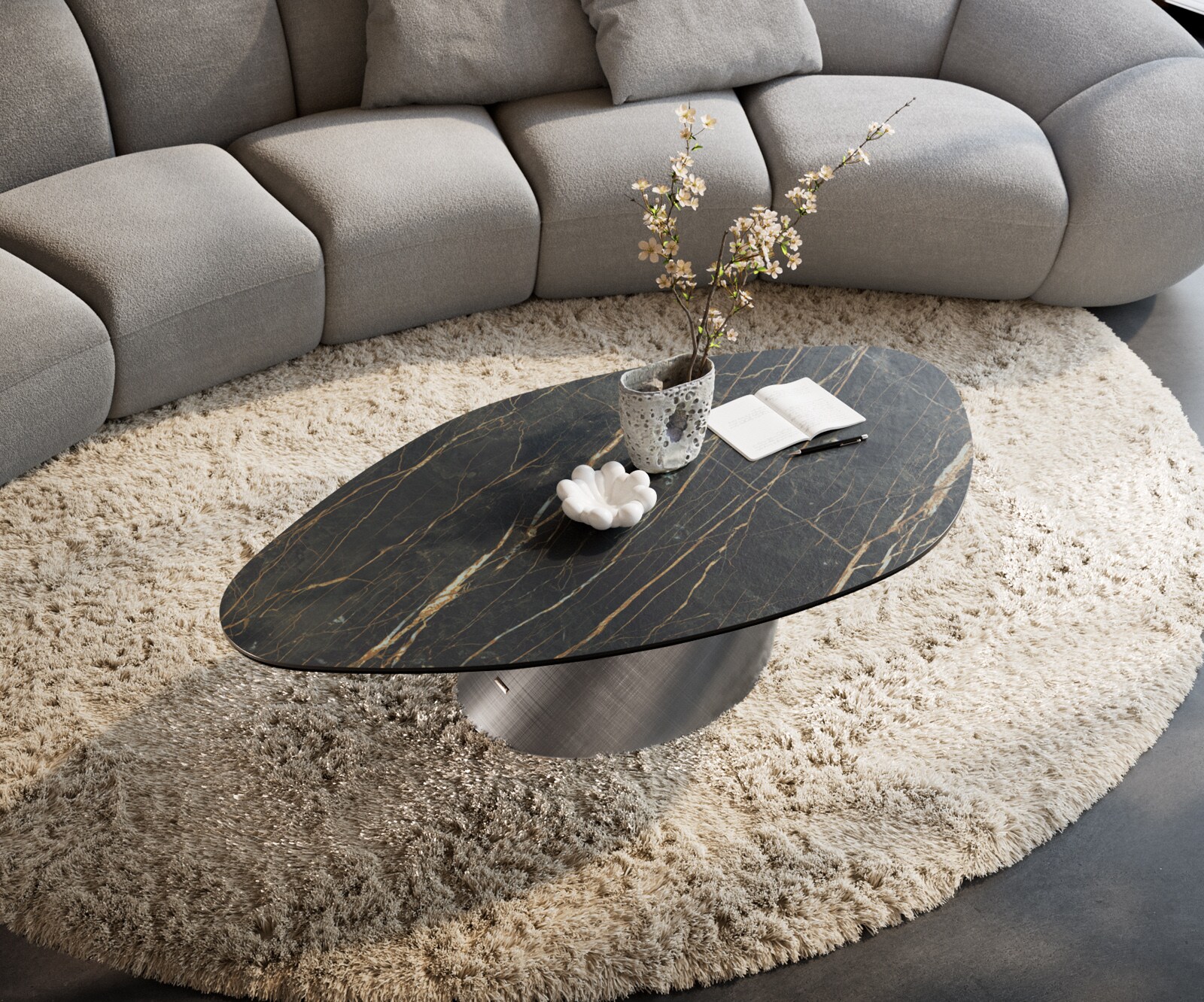 Couchtisch Edge Organisch 140x76 cm Keramik Laminam® Noir Desir Braun Conis Metallic Silber 4