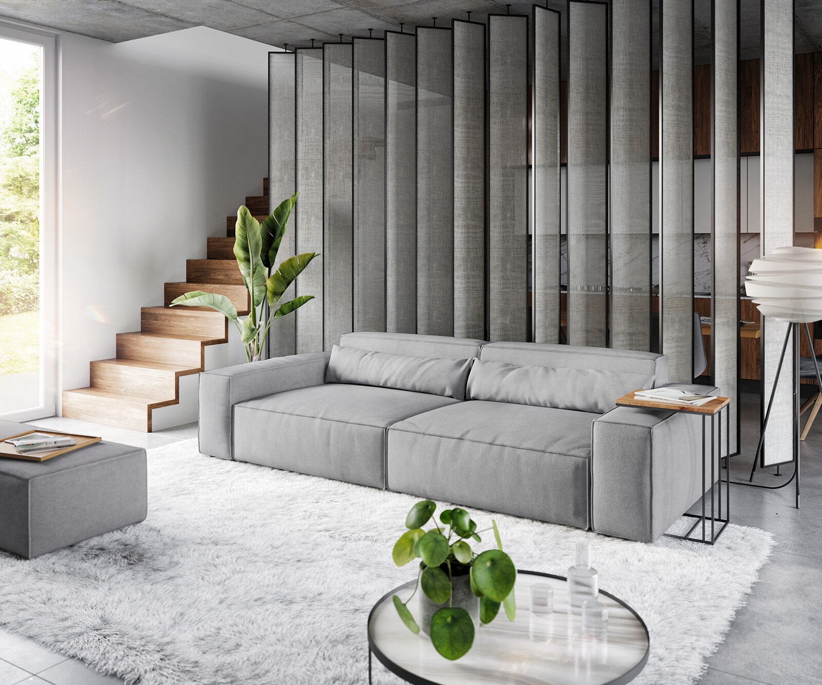 Big-Sofa Sirpio XL 270x130 cm Mikrofaser Grau mit Hocker 1