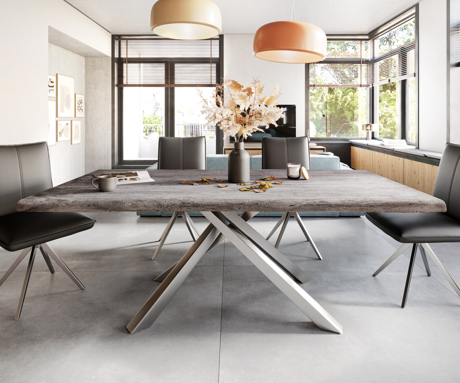 Table Edge 200x100 XL acacia platine cadre croisé rectangle inox Live-Edge 1