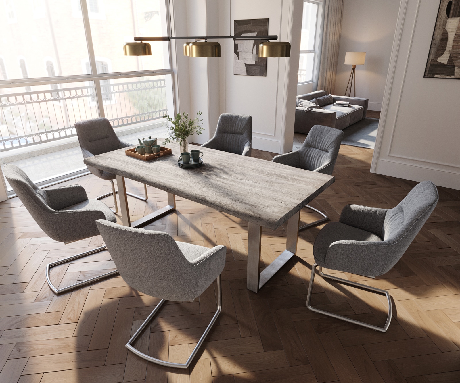 Cantilever Zelia-Flex avec accoudoirs tissu texturé gris clair pied cantilever rond acier inoxydable brossé ressorts ensachés 3 Cantilever Zelia-Flex avec accoudoirs tissu texturé gris clair pied cantilever rond acier inoxydable brossé ressorts ensachés 3