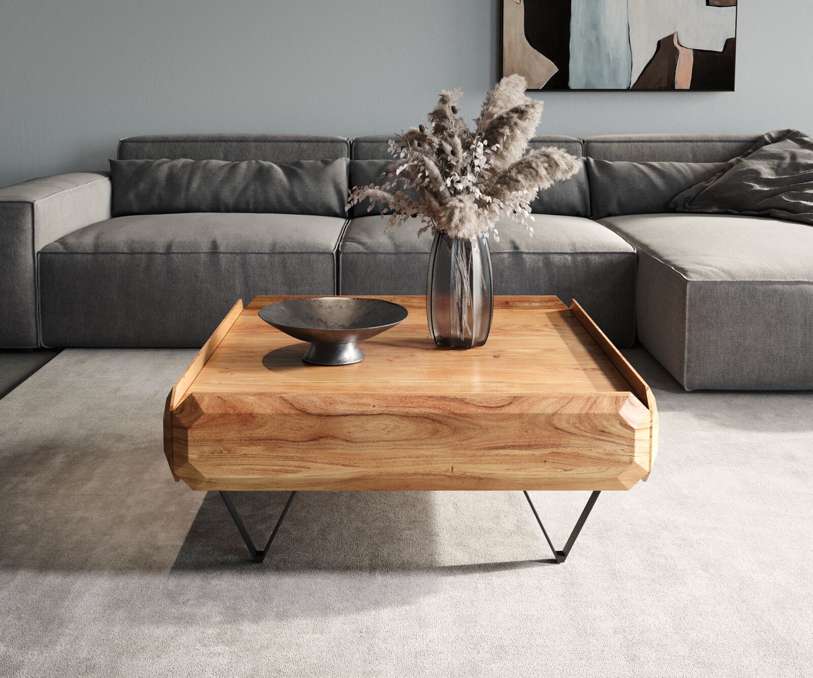 Table-basse Kiano 90x90 cm Acacia Nature 2 Tiroirs Pied en V Noir 1