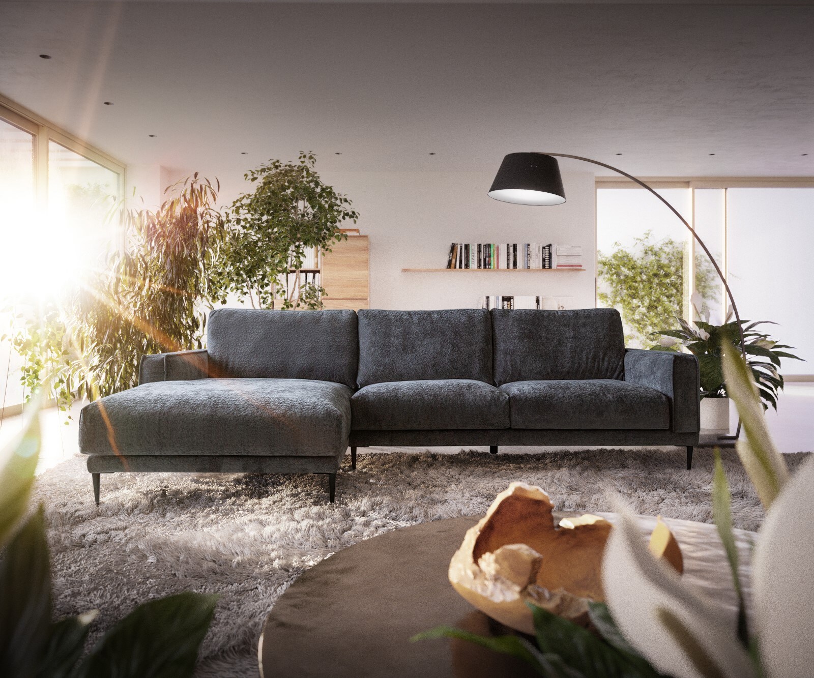 Ecksofa Sottil 290 x 165cm Chenille Grau Recamiere links 1