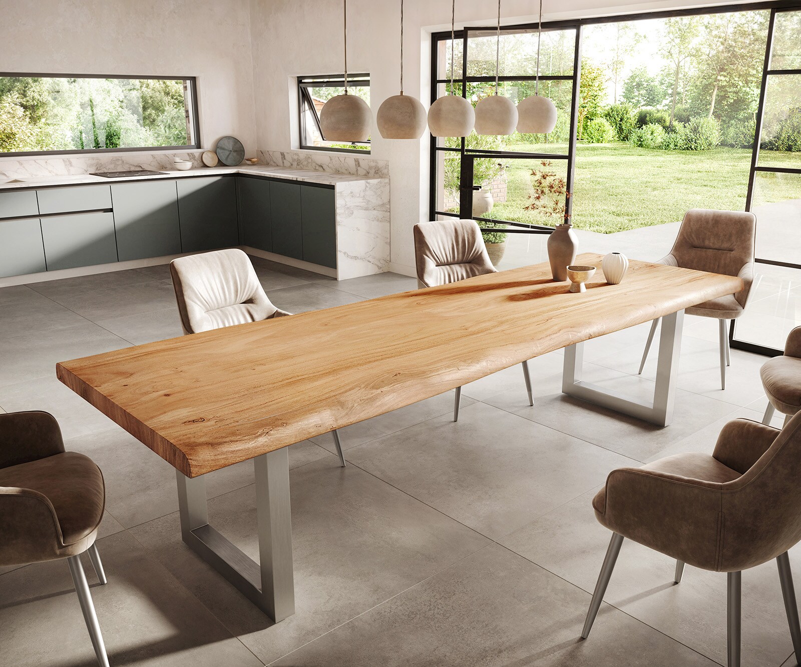 Esstisch Edge 300x100 XL Akazie Natur Edelstahl Breit Live-Edge 1
