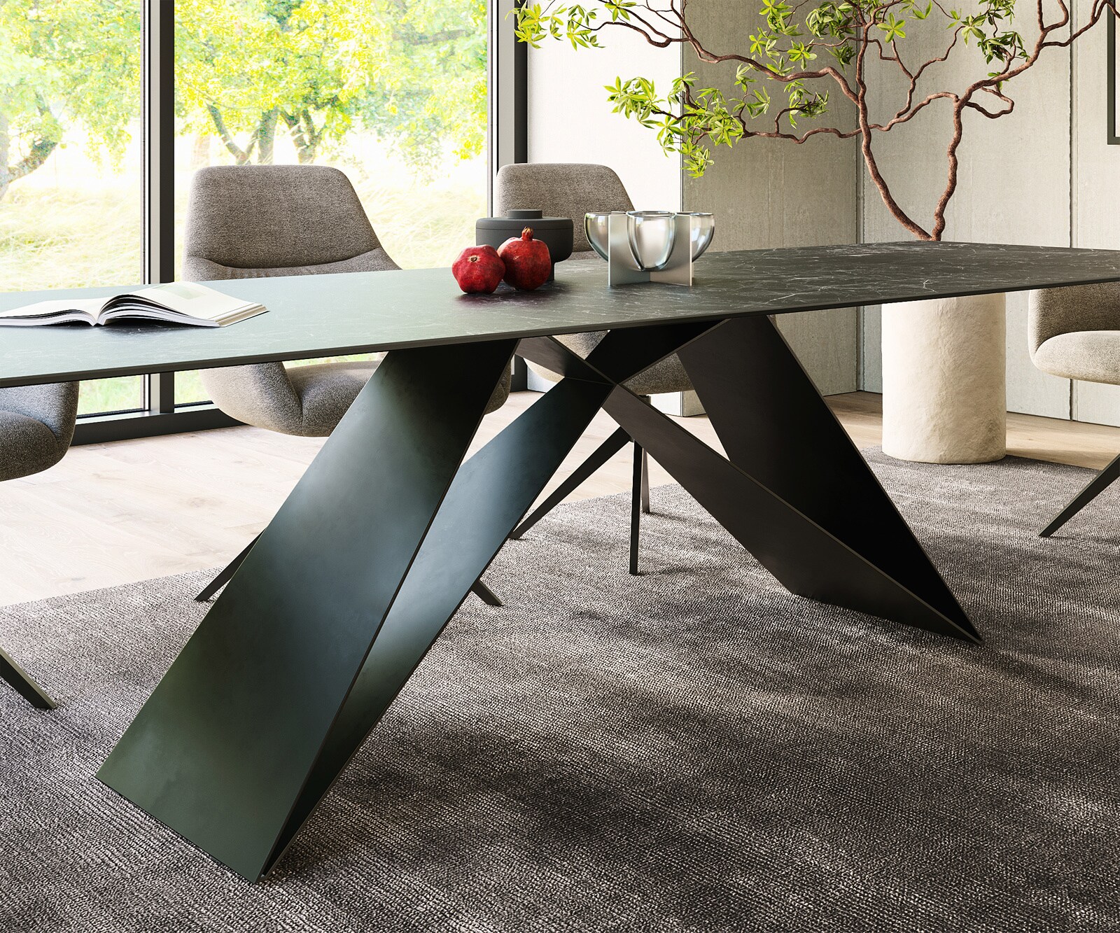 Table-à-manger Edge 300x100cm Laminam® céramique gris V-pieds milieu noir 6