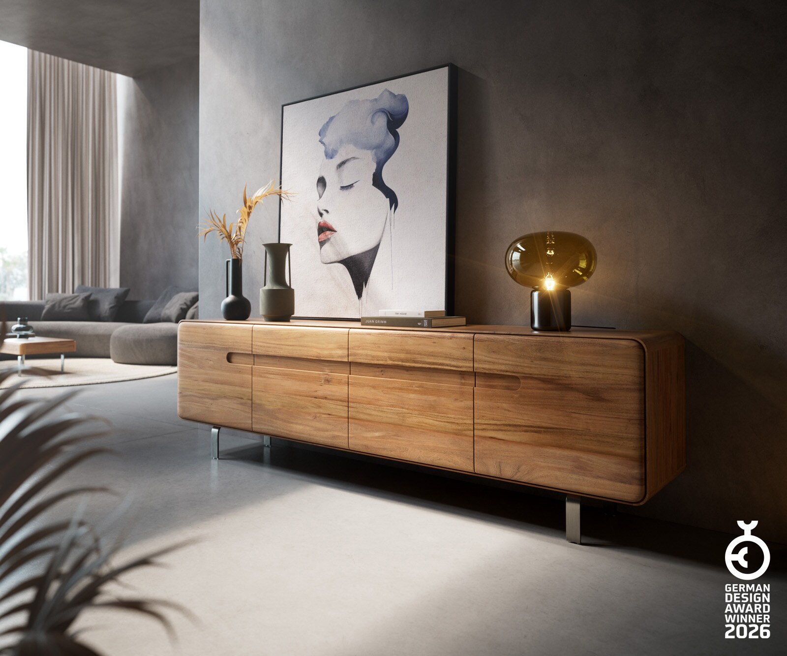 Lowboard Anaya 200 cm Akazie Natur 4 Türen L-Fuß Edelstahl