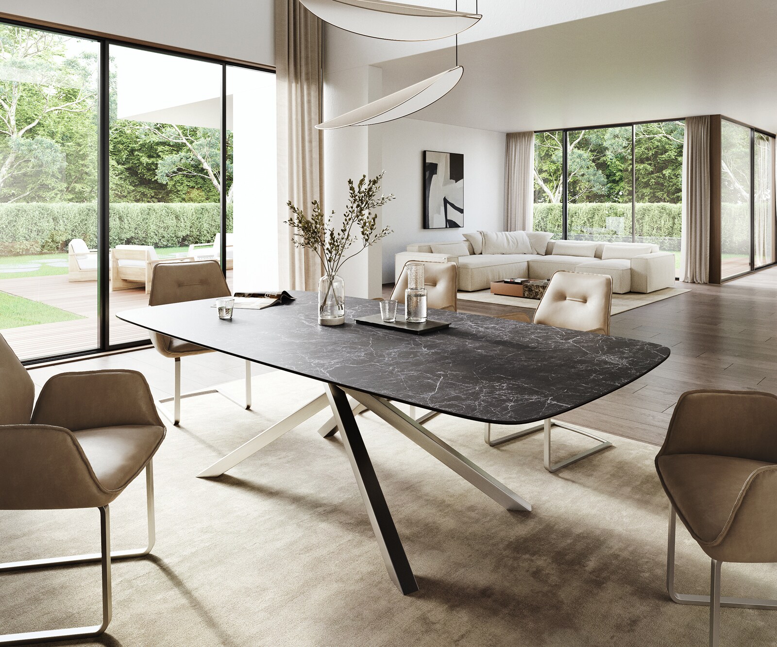 Table à manger Edge Boot 260x120 cm Céramique Laminam® Nero Greco Anthracite piètement en croix Rectangle Acier inoxydable