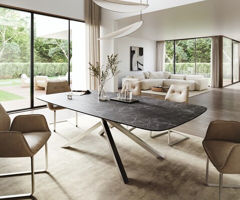 Esstisch Edge Boot 260x120 cm Keramik Laminam® Nero Greco Anthrazit Kreuzgestell Rechteck Edelstahl