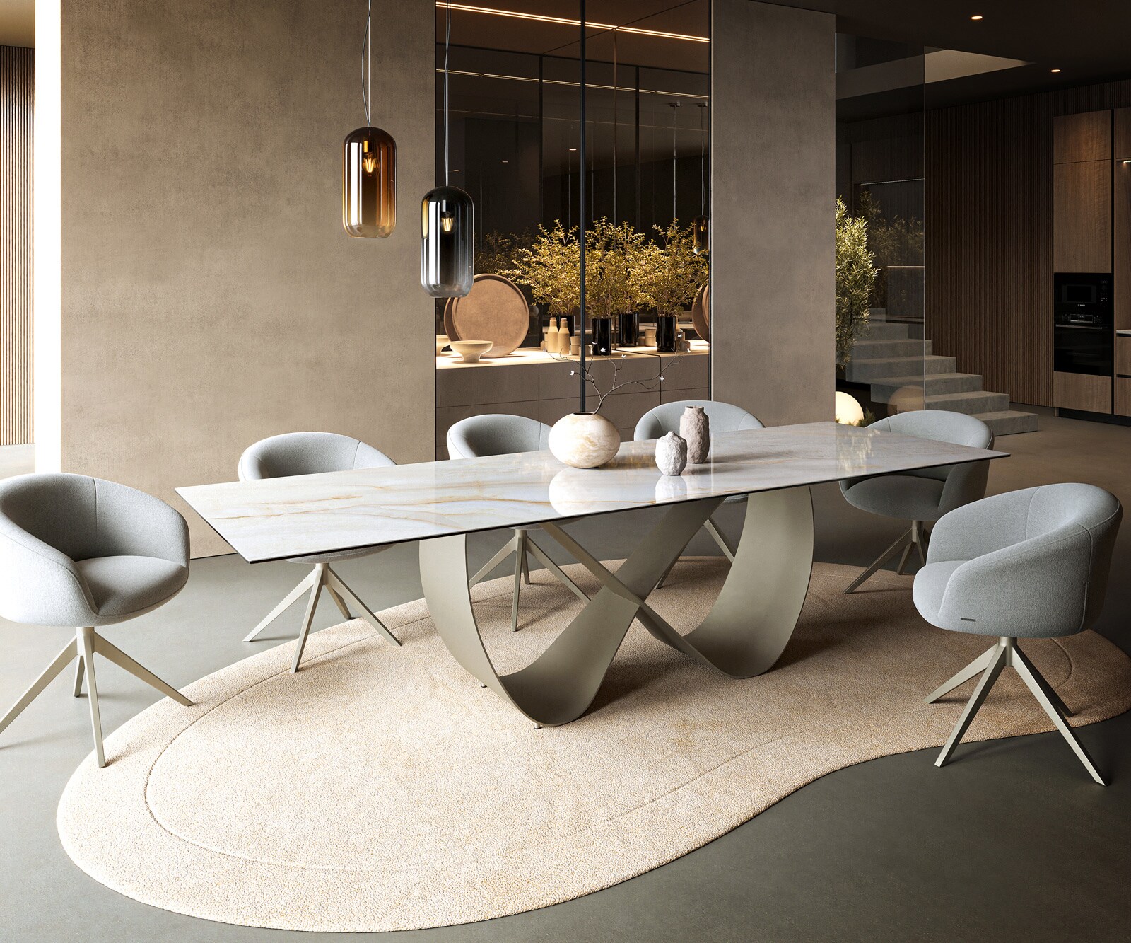 Table à manger Edge 300x100 cm céramique Onyx Pearl Infinity métal finition effet titane 6