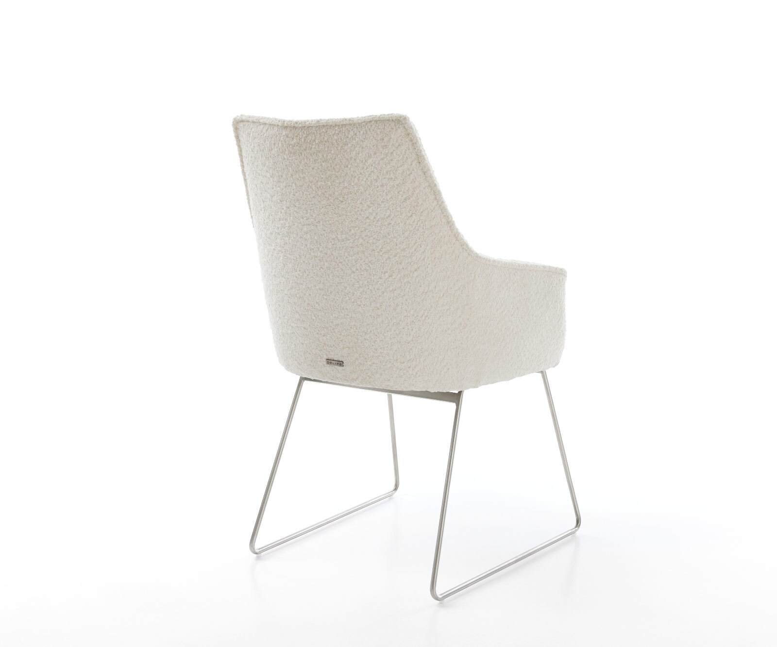 Chaise-de-salle-à-manger Alja-Flex avec accoudoirs bouclé blanc pied trapèze acier inoxydable brossé ressorts ensachés 5