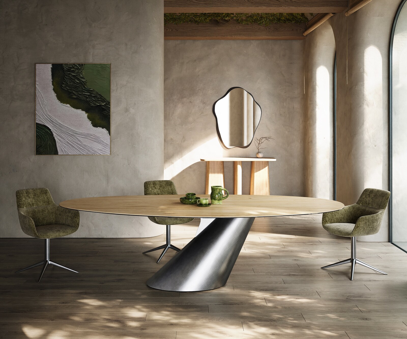 Esstisch Edge Oval 280x130 Keramik Laminam® Sabbia Eichefarbig Cono Metallic Silber 1