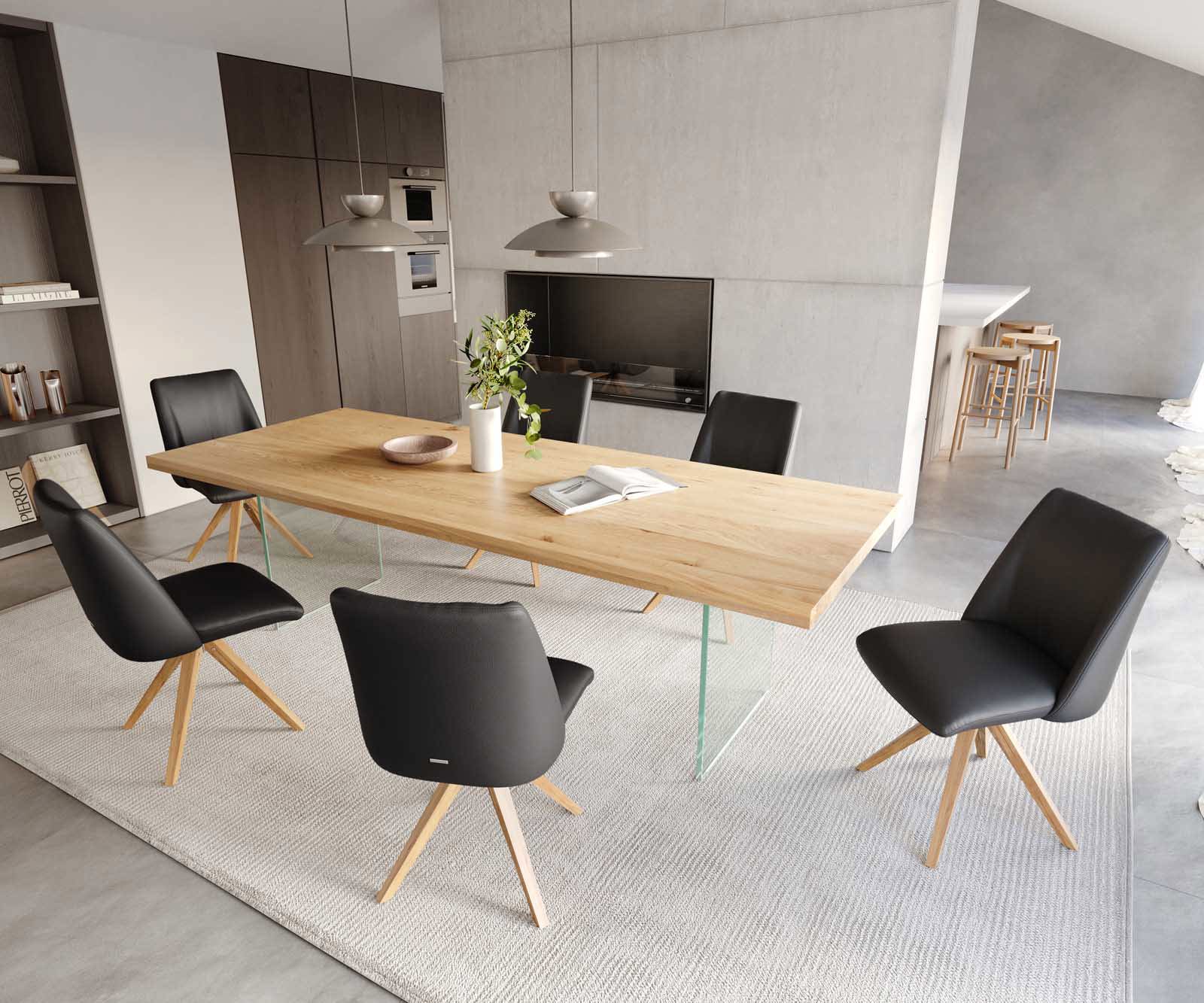 Drehstuhl Elso-Flex Echt-Leder Schwarz Holzgestell kantig Natur 180° drehbar Taschenfederkern 5