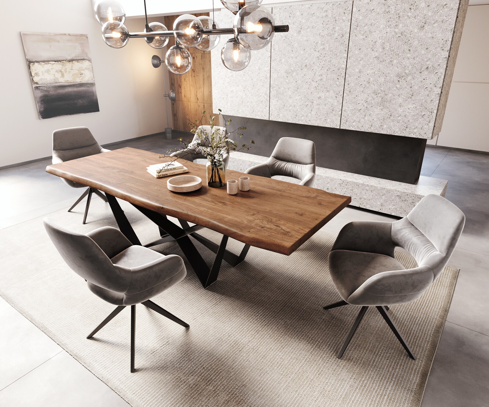 Table à manger Edge 260x100 XL acacia marron Spider acier plat noir Live-Edge 6